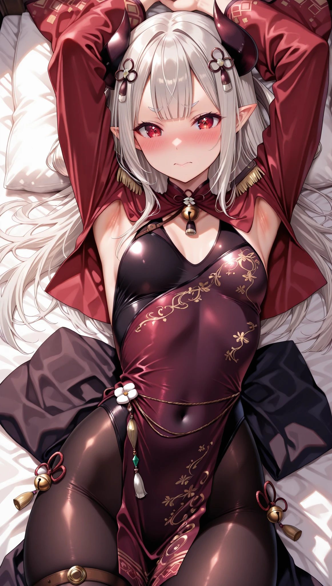 solo,masterpiece,best quality,super fine illustration、finely detail 、clear picture、UHD、HDR, amazing quality, highres, absurdres, very aesthetic, high resolution, ultra detailed, perfect details,(masterpiece, detailed:1.2)、nijinaraka,small breasts,red eyes,diamond-shaped pupils,symbol pupils,short eyebrows,grey hair,white hair,pointy ears,demon horns,long hair,hair rings,blunt bangs,hair ornament,nijinarakacos,black dress,print dress,leotard under clothes,pelvic curtain,red shrug\(clothing\),red jacket,crop top jacket,epaulettes,red sleeves,saggy sleeves,print sleeves,long sleeves,wide sleeves,ornament around waist,thigh band,jingle bell,black pantyhose,print pantyhose,,lie on own back,embarrassed、lie on own back,armpit focus,embarrassed、mature female