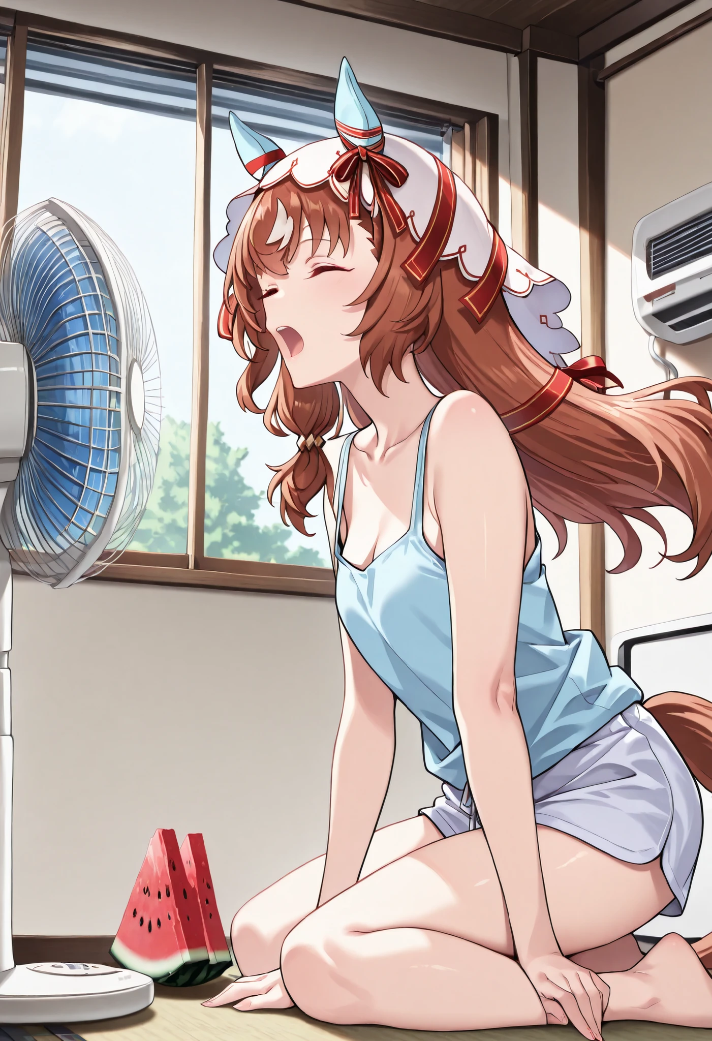 (masterpiece, best quality, perfect face:1.4), wide angle, Still in Love \(umamusume\), brown hair, red eyes, long hair, streaked hair, horse ears, ear cover, ear ornament, veil, red hair ribbon, small breasts, horse tail, tail on the lower back, proportional body, proportional,1 girl, beautiful hair, beautiful face, beautiful detailed eyes, beautiful clavicle, beautiful body, beautiful chest, beautiful thigh, beautiful legs, beautiful fingers, looking at viewer, BREAK, cooling down in front of electric fan, open mouth, cleavage, sitting, closed eyes, food, shorts, barefoot, indoors, short shorts, window, kneeling, fruit, tank top, wind, watermelon, shorts, electric fan, air conditioner, textured skin, realistic skin, HDR, BREAK, good hands
