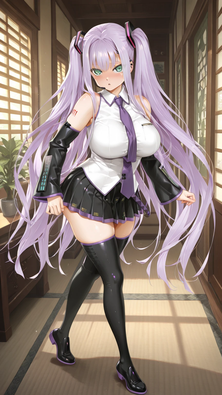 (Best quality:1.3), komi_shouko, purple hair, purple eyes, large breasts, cleavage, nurse outfit, seductive smile, (full body, dramatic angle)