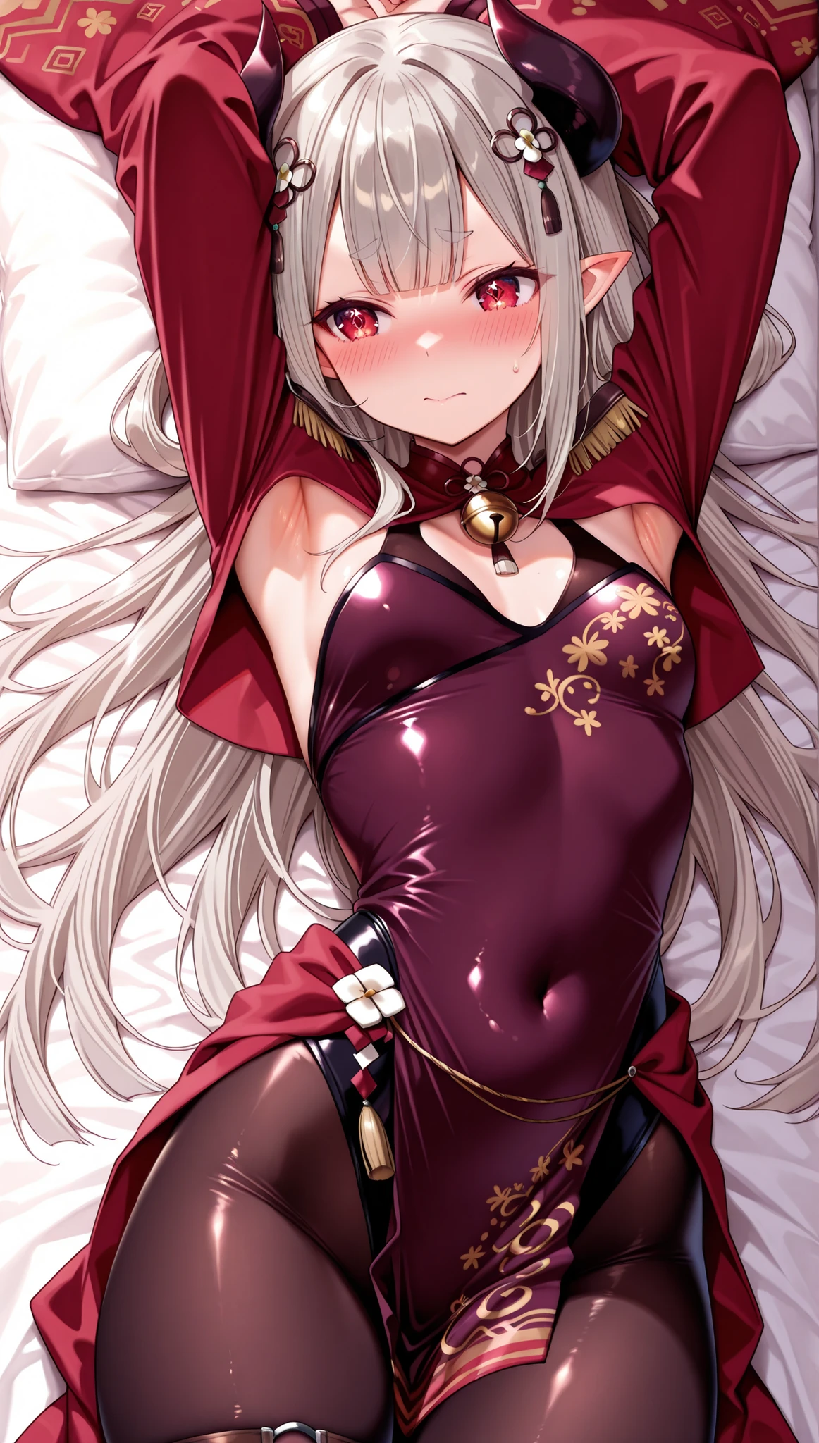 solo,masterpiece,best quality,super fine illustration、finely detail 、clear picture、UHD、HDR, amazing quality, highres, absurdres, very aesthetic, high resolution, ultra detailed, perfect details,(masterpiece, detailed:1.2)、nijinaraka,small breasts,red eyes,diamond-shaped pupils,symbol pupils,short eyebrows,grey hair,white hair,pointy ears,demon horns,long hair,hair rings,blunt bangs,hair ornament,nijinarakacos,black dress,print dress,leotard under clothes,pelvic curtain,red shrug\(clothing\),red jacket,crop top jacket,epaulettes,red sleeves,saggy sleeves,print sleeves,long sleeves,wide sleeves,ornament around waist,thigh band,jingle bell,black pantyhose,print pantyhose,,lie on own back,embarrassed、lie on own back,armpit focus,embarrassed、mature female