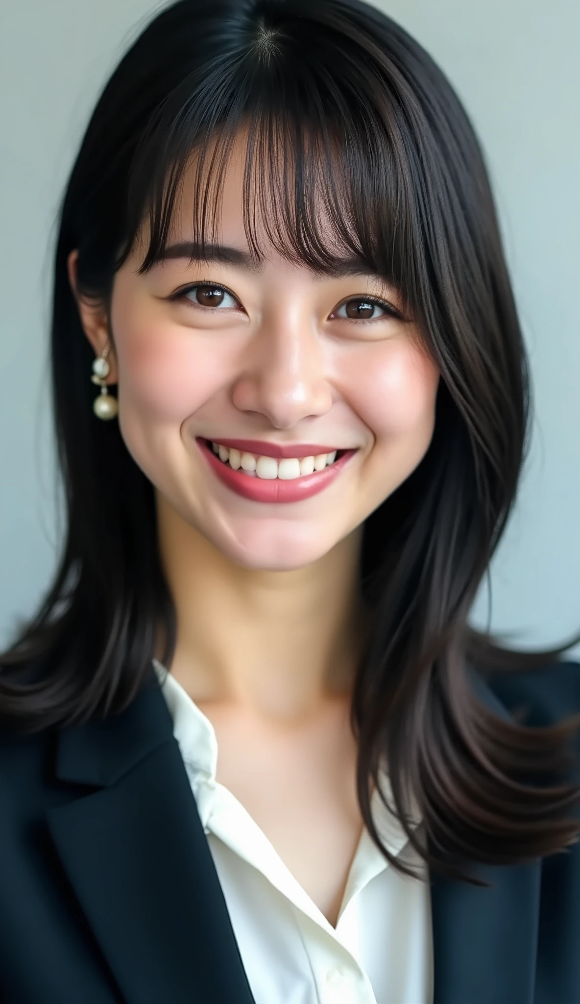 Neat Young Woman、and look at the camera、office lady suit、jacket、shirt、ネックレス、、ear piercing、黒髪、smile showing teeth、顔のクローズアップ、背景はオフィス
