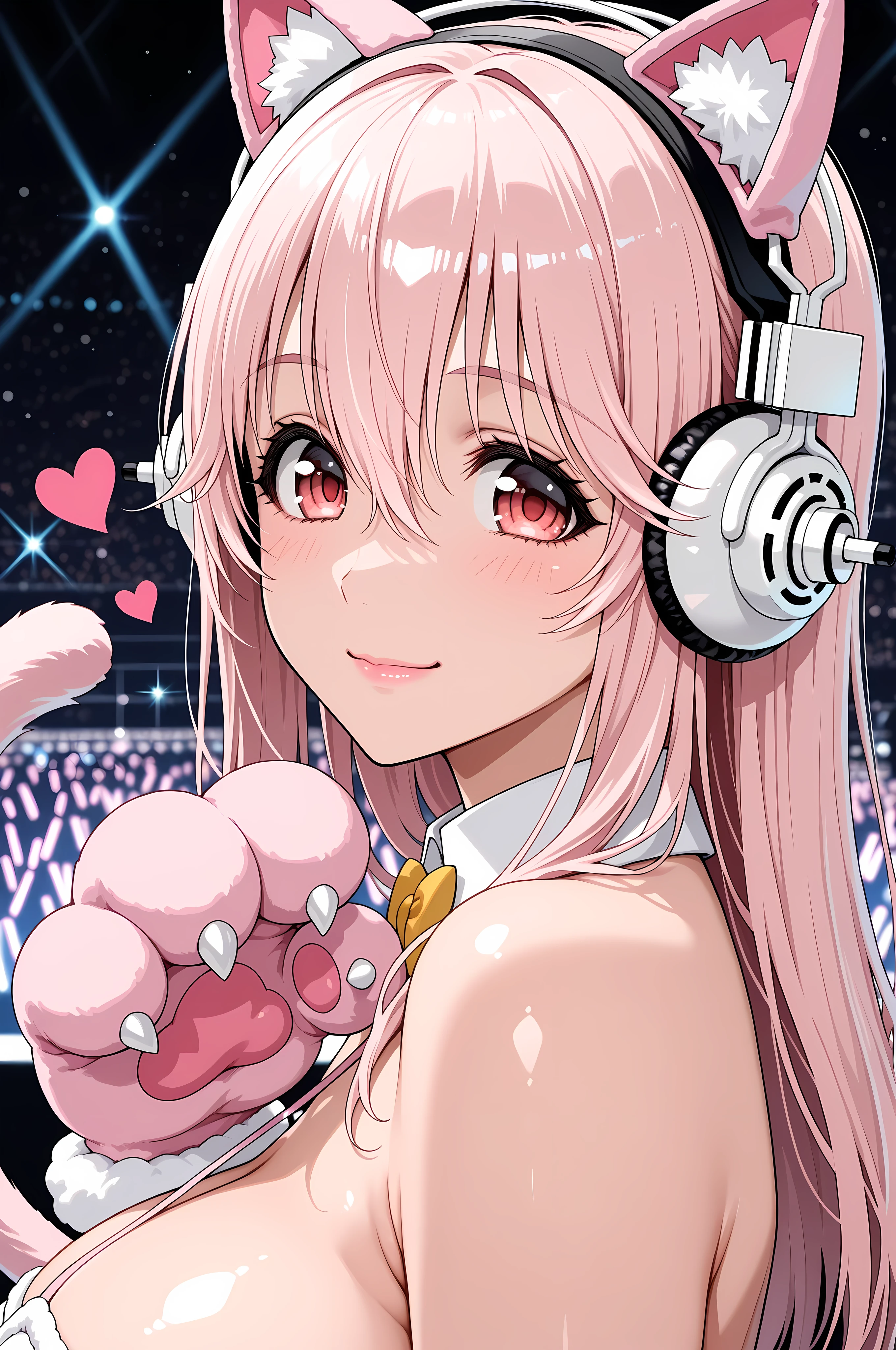 1girl, super sonico, close-up portrait, female, woman, fair skin,Shiny skin,pink lips, idol costume,concert background,one hand,heart,depth of field,slight smile,looking at viewer,from the side, fake animal ears, pink cat ears, animal hand, large pink cat paw, cat claws, cat tail, gigantic breasts, clean lines, smooth lines,sharp, masterpiece, best quality, newest, highly detailed,
