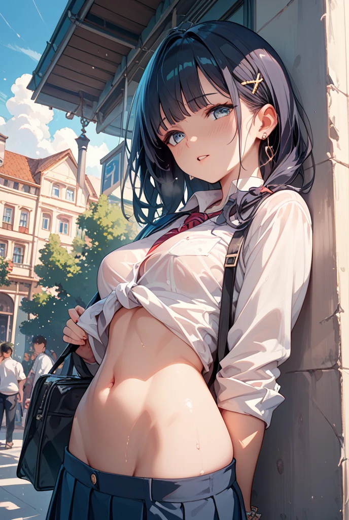 (masterpiece), best quality, 1girl, she is eight years old, , young girl, She is short, flat breast, black hair, very long hair, looking at viewer, she doesn't be wearing bra, Nipple protrusions push up the uniform, she doesn't be wearing panties,
White sailor suit with short sleeves, micro length sailor suit, belly button, breasts are visible between uniform and stomach, Nipples protruding through the sailor suit, covered erect nipples, The material of her uniform is so thin that her breasts are clearly visible, under breasts are visible lower the uniform, (under boob:1.5), flip up sailor suit by herself,
Navy blue pleated micro skirt, micro mini skirt, Super short length skirt with V-line visible, super low rise micro skirt, her crotch is visible because her skirt is too small, pussy is visible, white thigh high socks, her skirt is not turns up, no pubic hair,
behind the building, There's a passerby behind her, blush, Alley, down town, Low angle from the front, she folds hands behind the back,