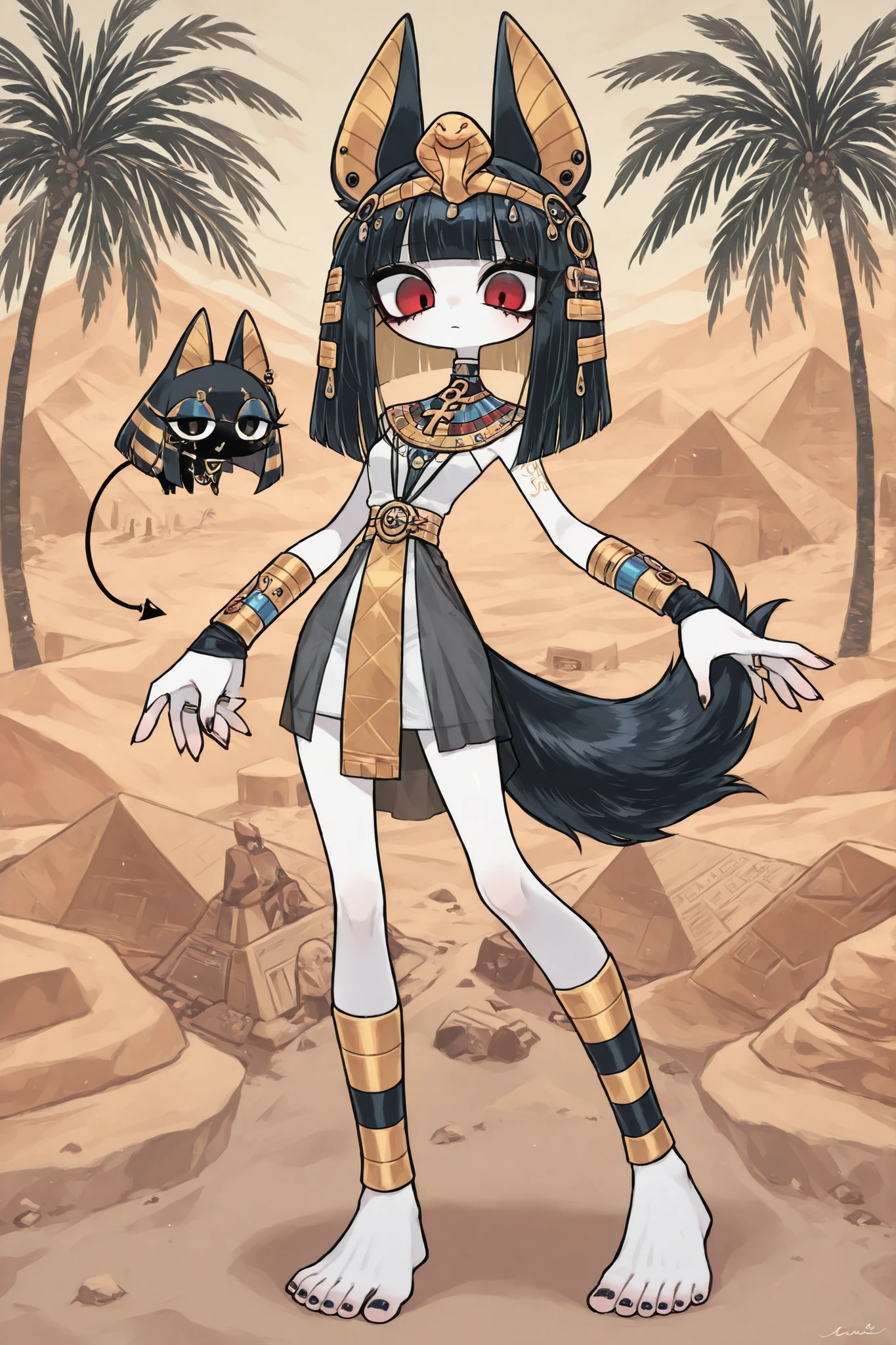 (edanoma_meu_illu,) An Egyptian princess. A girl with an elegant slim build, a narrow waist, and small flat breasts. She has white skin with Egyptian tattoos. She has red eyes. She has Egyptian makeup: blue eye shadow, black Egyptian eyeliner with graphic face art "eye of Horus". She has black thin jackal tail with gold piercing. She has ankh-shaped earrings in her jackal ears on her head. She wearing on her head a black Egyptian square wig consisting of many cornrows decorated with gold beads. On her head she wears an Egyptian tiara with a lotuses. She is wearing a white Egyptian tight kalasiris dress. On her neck she has a wide collar consisting of many rows of gold beads made of colored Egyptian gold. She has gold rings on each finger, and rows of gold bracelets on her wrists and ankles. She's barefoot. On the background:an Egyptian pyramids,oasis in desert, blooming palm trees, blooming tropical flowers.