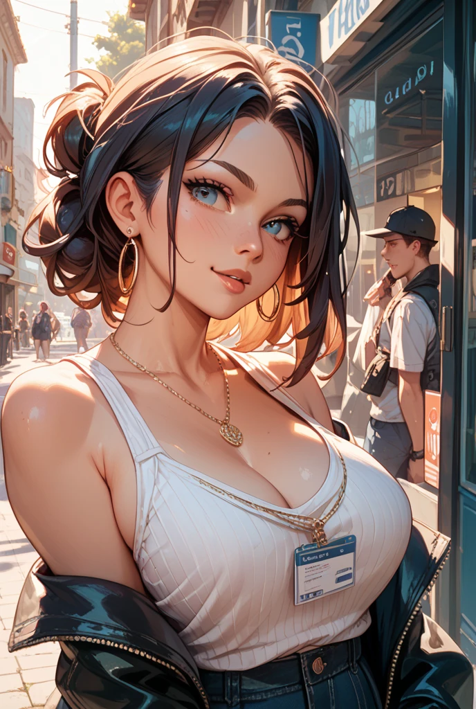 A digital illustration of a beautiful lady in a contemporary setting, confidently promoting a Victoria's Secret bra. The illustration is detailed and vivid, with a focus on modern aesthetics and style. The environment is a trendy urban backdrop. The style is digital illustration, created with a digital pen and tablet, embracing a sleek and contemporary look --auto --s2