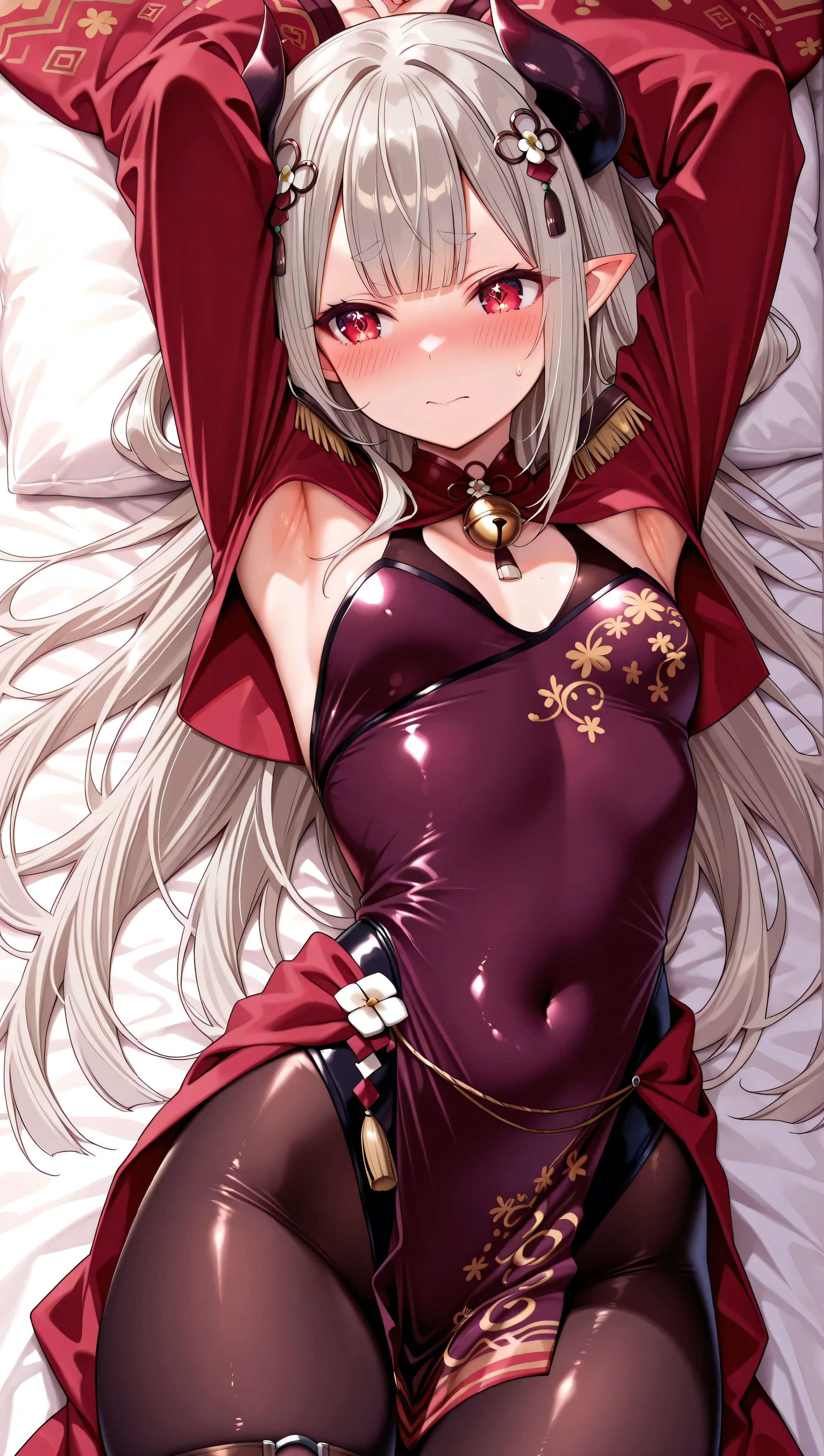 solo,masterpiece,best quality,super fine illustration、finely detail 、clear picture、UHD、HDR, amazing quality, highres, absurdres, very aesthetic, high resolution, ultra detailed, perfect details,(masterpiece, detailed:1.2)、nijinaraka,small breasts,red eyes,diamond-shaped pupils,symbol pupils,short eyebrows,grey hair,white hair,pointy ears,demon horns,long hair,hair rings,blunt bangs,hair ornament,nijinarakacos,black dress,print dress,leotard under clothes,pelvic curtain,red shrug\(clothing\),red jacket,crop top jacket,epaulettes,red sleeves,saggy sleeves,print sleeves,long sleeves,wide sleeves,ornament around waist,thigh band,jingle bell,black pantyhose,print pantyhose,,lie on own back,embarrassed、lie on own back,armpit focus,embarrassed、mature female