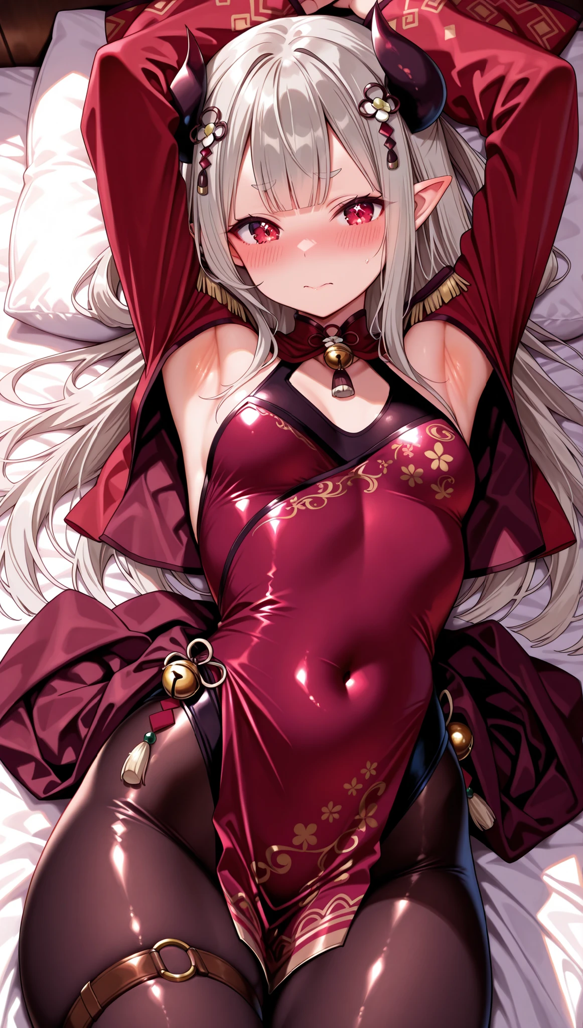solo,masterpiece,best quality,super fine illustration、finely detail 、clear picture、UHD、HDR, amazing quality, highres, absurdres, very aesthetic, high resolution, ultra detailed, perfect details,(masterpiece, detailed:1.2)、nijinaraka,small breasts,red eyes,diamond-shaped pupils,symbol pupils,short eyebrows,grey hair,white hair,pointy ears,demon horns,long hair,hair rings,blunt bangs,hair ornament,nijinarakacos,black dress,print dress,leotard under clothes,pelvic curtain,red shrug\(clothing\),red jacket,crop top jacket,epaulettes,red sleeves,saggy sleeves,print sleeves,long sleeves,wide sleeves,ornament around waist,thigh band,jingle bell,black pantyhose,print pantyhose,,lie on own back,embarrassed、lie on own back,armpit focus,embarrassed、mature female