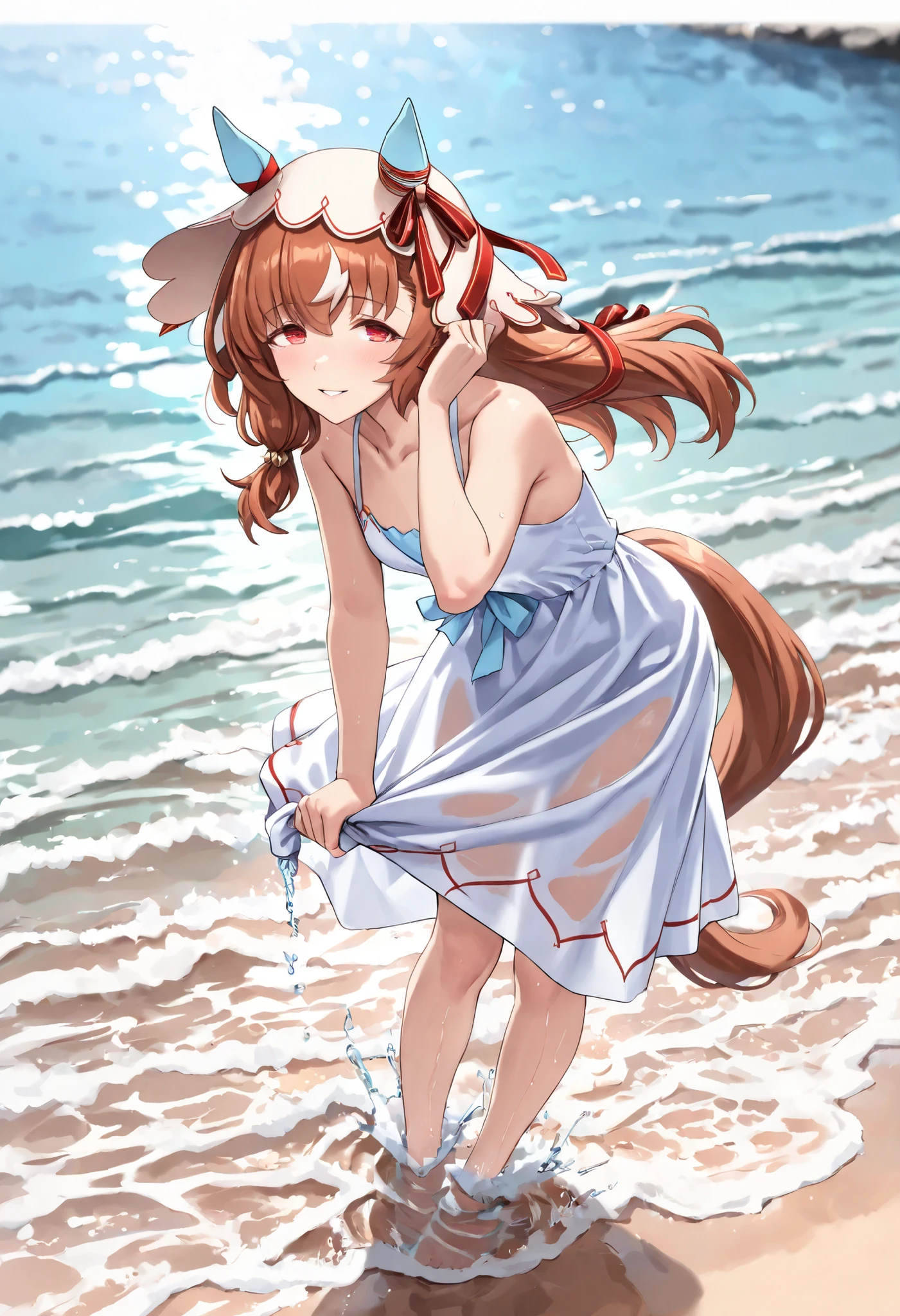 (masterpiece, best quality, perfect face:1.4), wide angle, Still in Love \(umamusume\), brown hair, red eyes, long hair, streaked hair, horse ears, ear cover, ear ornament, veil, red hair ribbon, small breasts, horse tail, tail on the lower back, proportional body, proportional,1 girl, beautiful hair, beautiful face, beautiful detailed eyes, beautiful clavicle, beautiful body, beautiful chest, beautiful thigh, beautiful legs, beautiful fingers, looking at viewer, BREAK, wearing a straw hat and a light pastel-colored summer dress, slightly bending forward, wringing out the hem of her wet skirt with both hands, her posture prevents any exposure beneath the skirt, sunlight reflects on water droplets, gentle summer breeze, wet sand and shallow waves at her feet, realistic fabric physics, dynamic pose, emotional summer scene, textured skin, realistic skin, HDR, BREAK, good hands,