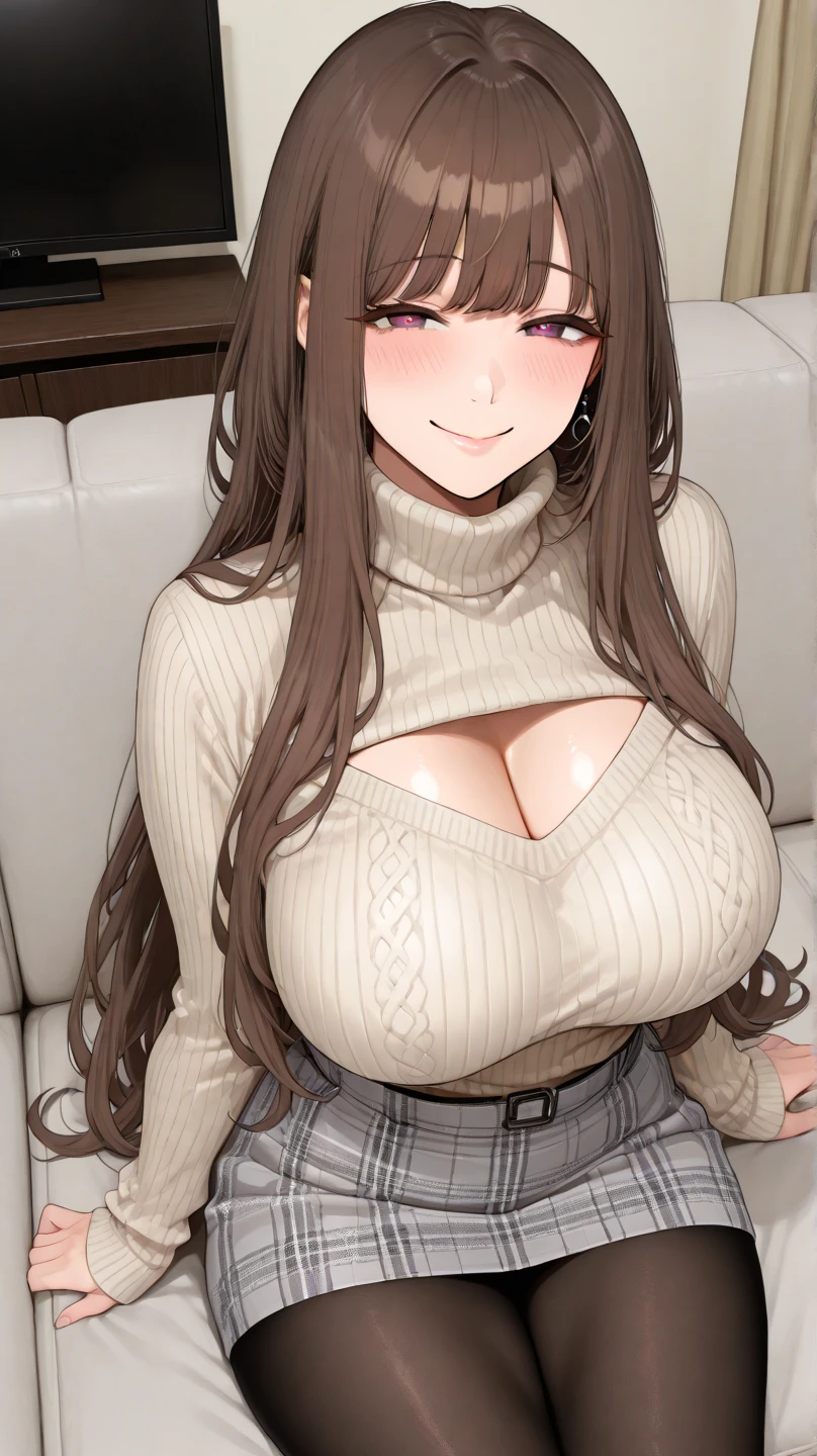 score_9, score_8_up, score_7_up, score_6_up, score_5_up, score_4_up, yu hee, brown eyes, black hair, long hair, large breasts, mature woman, 1girl, pantyhose, solo, breasts, skirt, coat, open_mouth, large_breasts, open_coat, black_pantyhose, mole, black_coat, mole_under_mouth, bangs, purple_skirt, long_hair, black_sweater, turtleneck, pleated_skirt, open_clothes, smile, sweater, long_sleeves, shirt, sweatdrop, miniskirt