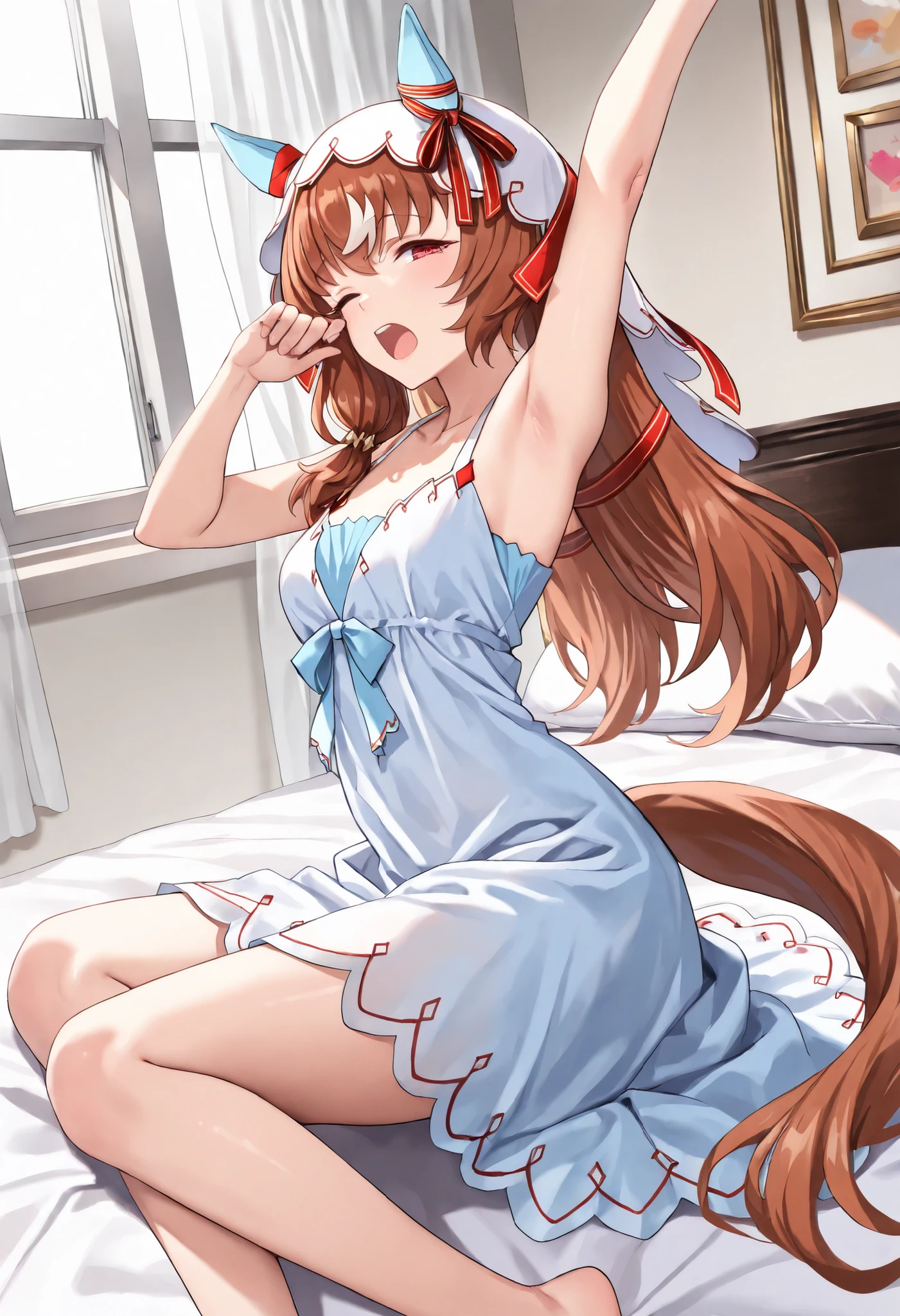 (masterpiece, best quality, perfect face:1.4), wide angle, Still in Love \(umamusume\), brown hair, red eyes, long hair, streaked hair, horse ears, ear cover, ear ornament, veil, red hair ribbon, small breasts, horse tail, tail on the lower back, proportional body, proportional,1 girl, beautiful hair, beautiful face, beautiful detailed eyes, beautiful clavicle, beautiful body, beautiful chest, beautiful thigh, beautiful legs, beautiful fingers, looking at viewer, BREAK, wearing a lace nightdress, just woken up. Sitting on her bed, stretching one arm, yawning loudly, sleepy eyes, messy hair, the sea seen from the window sparkling in the morning sun's rays, sheer lace curtains swaying in the breeze, textured skin, realistic skin, HDR, BREAK, good hands