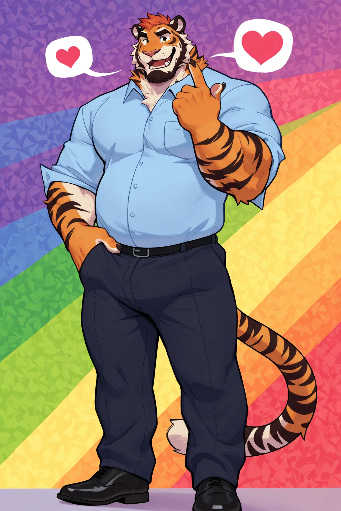 A male orange chubby anthropomorphic lizard with cyan stripes wearing, a blue jacket, glasses, black jeans, a white tanktop, and a blue beanie, waveing, solo