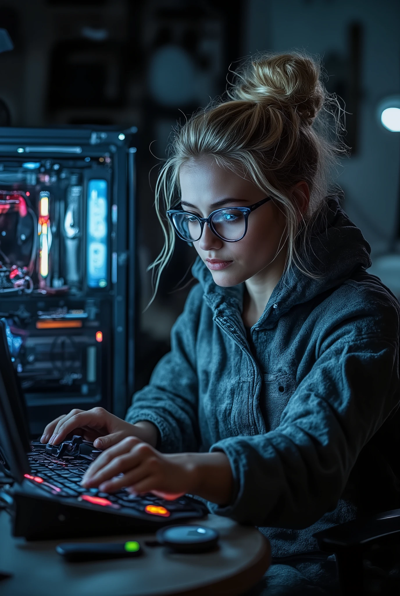 Best quality, masterpiece, ultra high res, raw photo, 1girl, in bedroom , light shadow, morning, blonde-long hair girl with blue eyes, stunning beauty, working on the desk, focused on building a PC case, morning wear, hair tied on a messy bun, wearing glasses, volumetric lighting, depth of field, ((don't look at the camera)), perfect face, perfect anatomy, attractive young woman