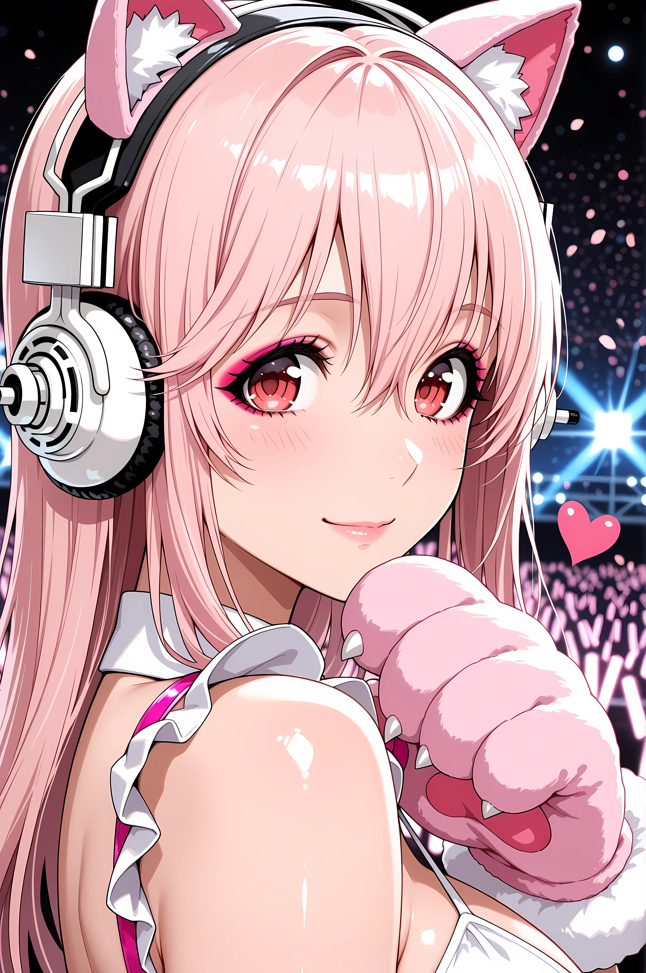 1girl, super sonico, close-up portrait, female, woman, fair skin,Shiny skin,pink lips, ((idol costume)),concert background,one hand,heart,depth of field,slight smile,looking at viewer,from the side, fake animal ears, pink cat ears, animal hand, large pink cat paw, cat claws, eyeshadow, eyeliner, clean lines, smooth lines,sharp, masterpiece, best quality, newest, highly detailed,