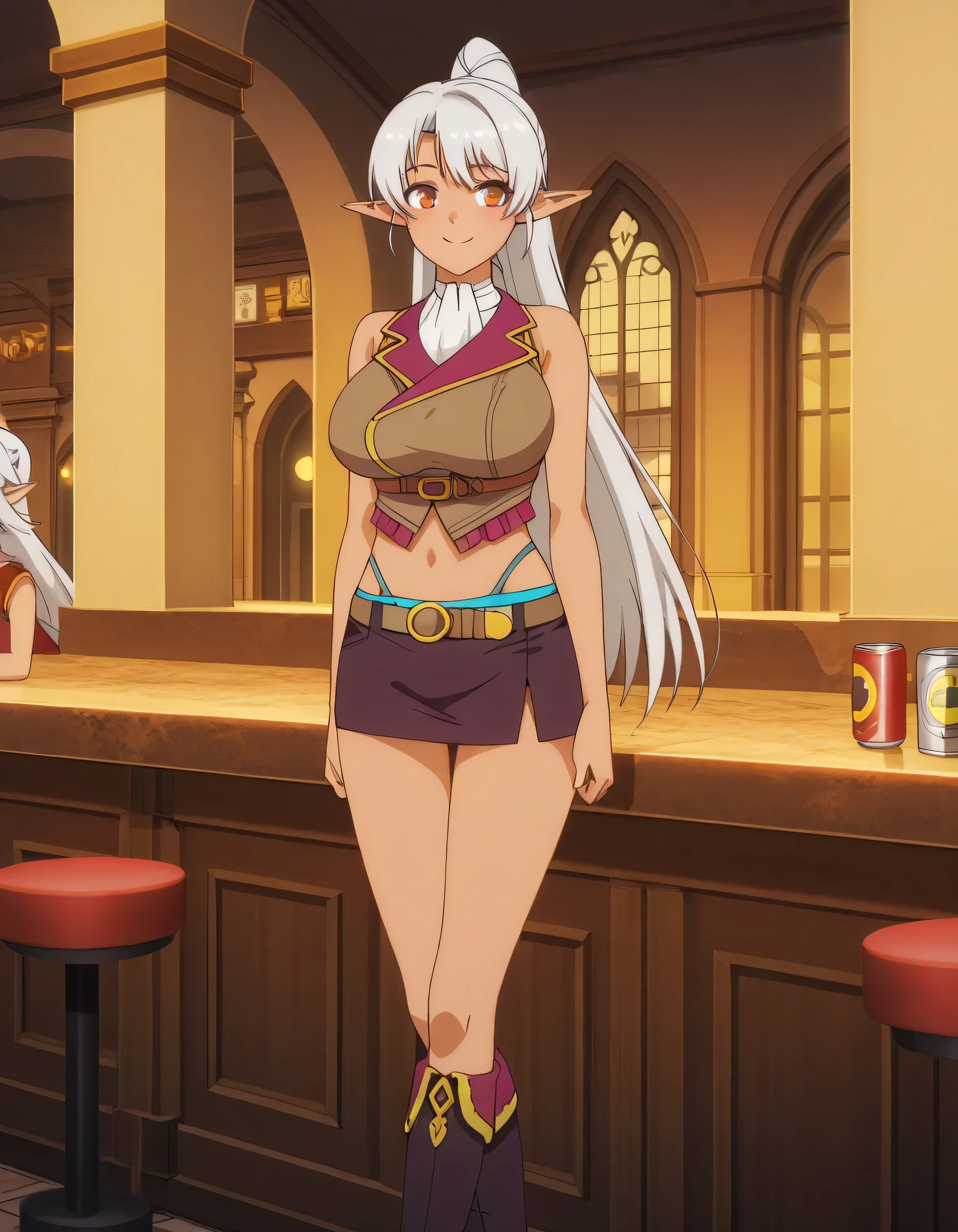 I'm in front of the bar counter,Alone，I'm looking at me from the front，Smiling Yang，can you draw a slightly longer miniskirt，front flag patch,can you draw a woman smiling at me,woman standing，Inside the building，silvery long hair, ponytail hair ，  Silk amberwood, Sleeveless Costume。BIG BREASTS，micro mini skirt，light blue panties，It's a top priority  ，Beautiful legs，boots，long hair, ponytail,      Silver Hair, Pointed Ears, , white skinned woman , Elf, dark Elf, I am alone，Inside the building，Representation of 、Please don't cut out my face，Anime CG，，