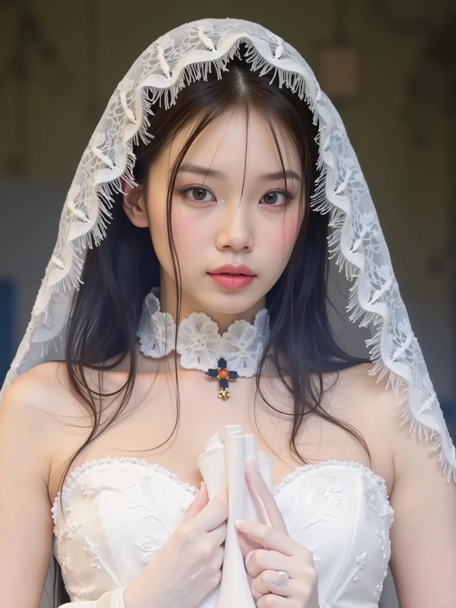 Kim Chaewon, angelic face, neckline, Big breasts, pale skin, white veil, Get your hands out of the way