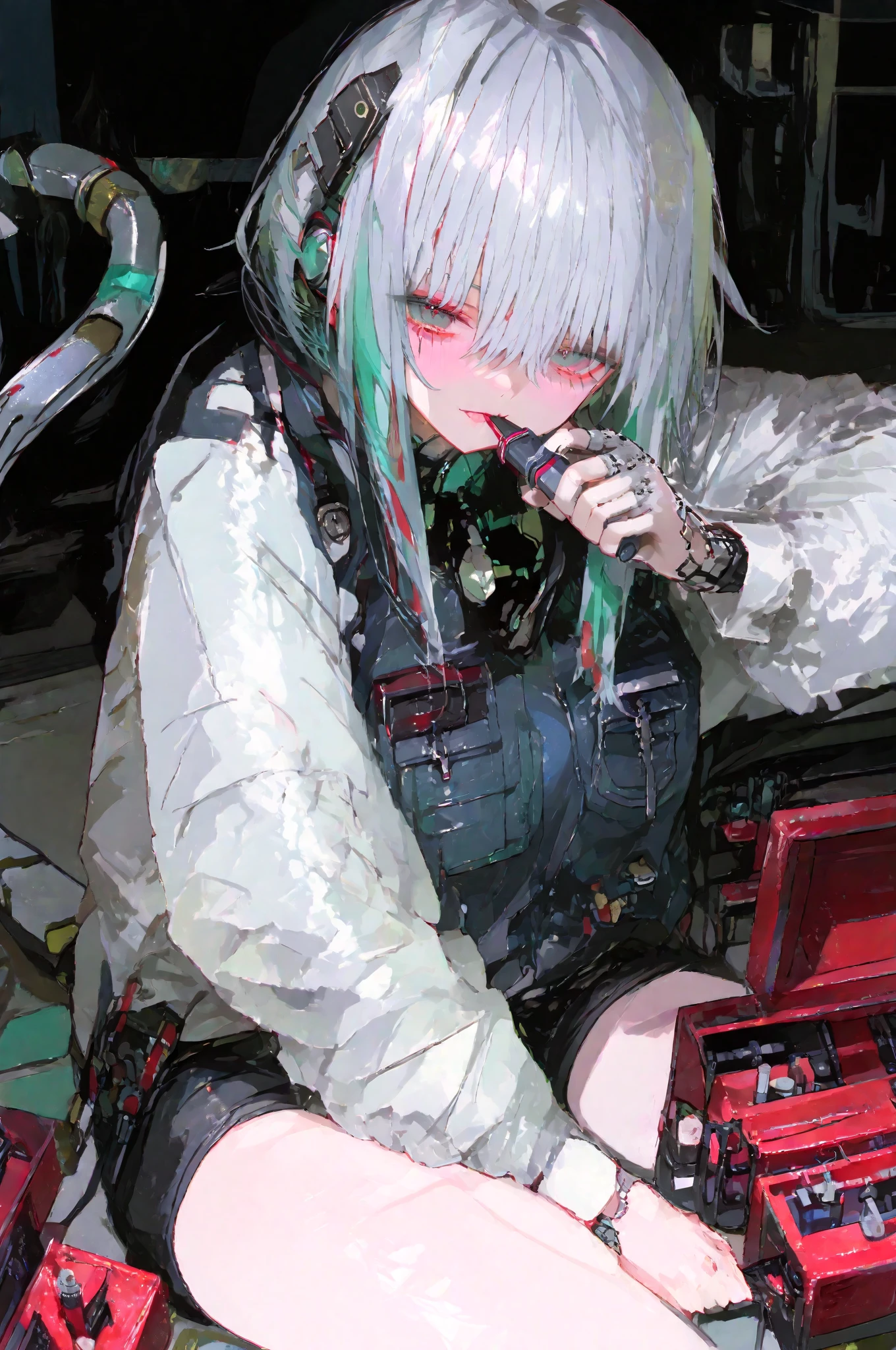 1girl, pillow, animal_ears, green_dress, kal'tsit_\(arknights\), dress, collar, solo, green_eyes, bare_shoulders, silver_hair, looking_at_viewer<lora:kaltsit-000018:1>, face