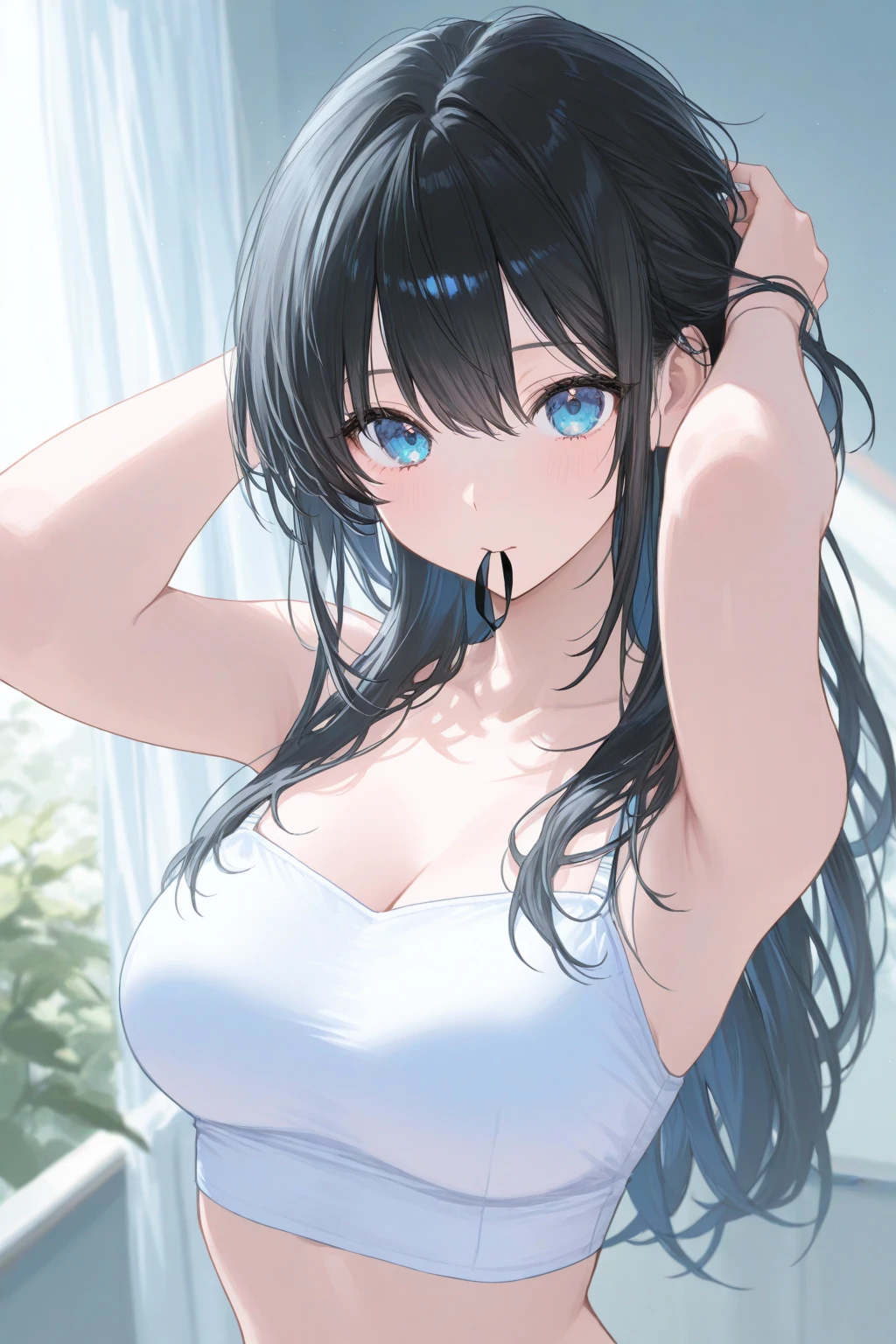 1girl,solo, black hair,hair,twin drills , long hair,pink shirt,see-through ,large breasts,cleavage, heterochromia ,oversized clothes, oversized shirt, upper body, looking at viewer<lora:oversized_shirt_offset:1>