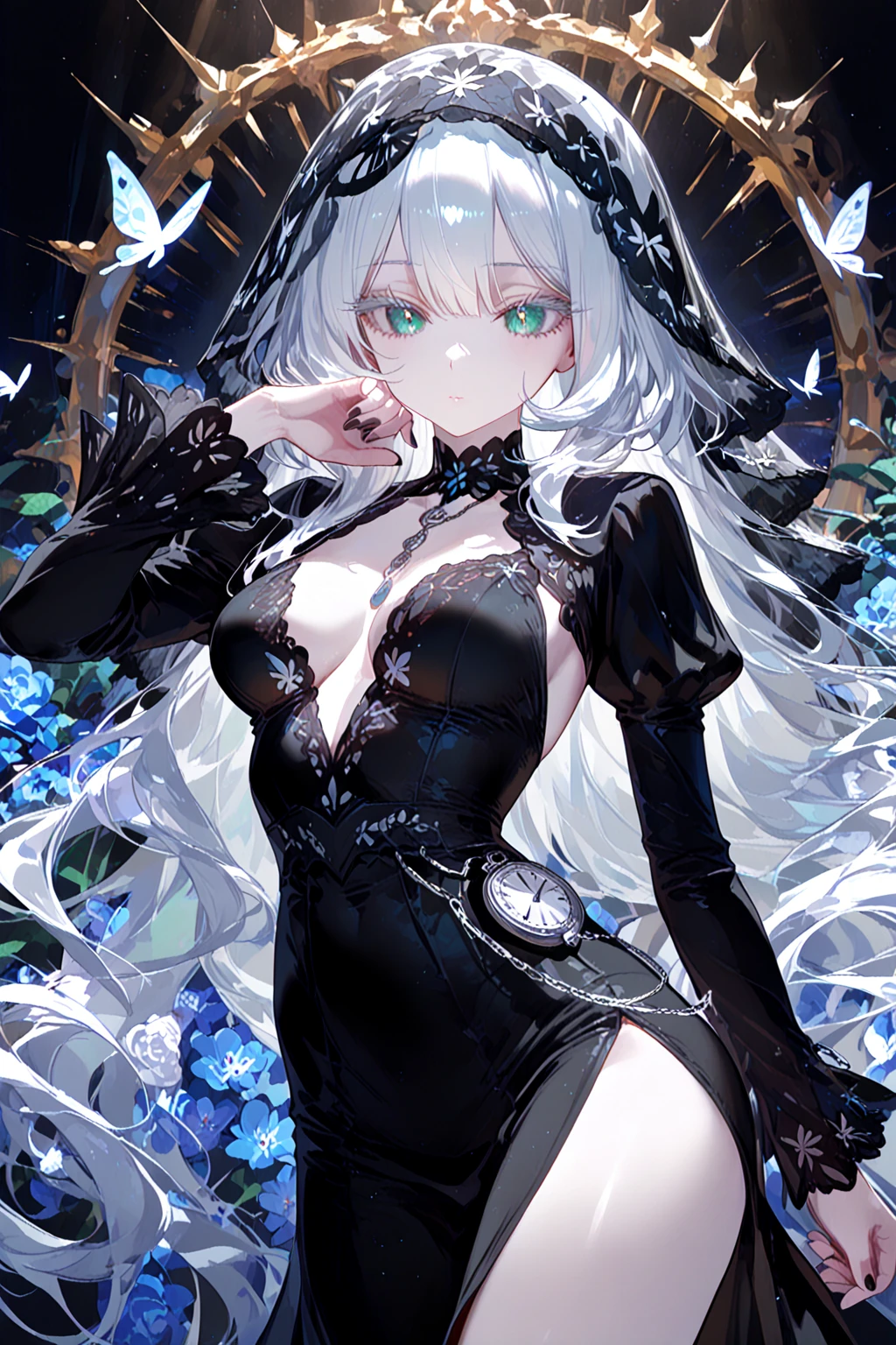 A woman with long, almost white, blue hair, blue eyes, beautiful, elegant, wearing a black suit.