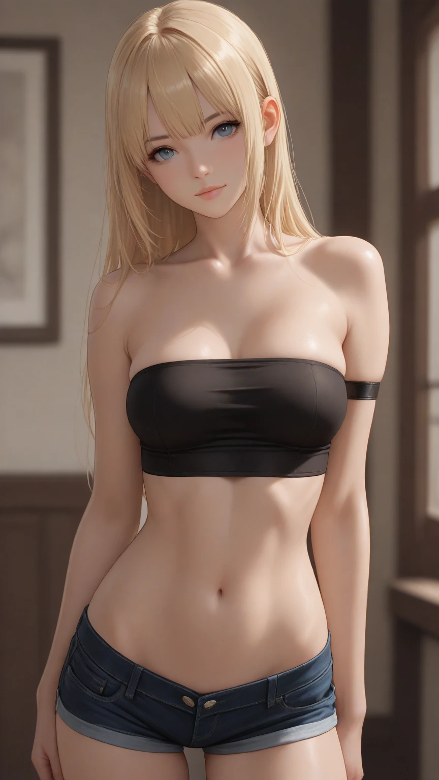 anime girl, 1girl, cute, bangs, blonde_hair, cowboy_shot, looking_at_viewer, necklace, Long_hair, solo, detail eyes, fantasy model, realistic, sharp details, intricate details, ultra-realistic,digitally enhanced,3d reference , 8k resolution, unapologetic grit, overexposure,sharp focus , UHD, 8K, nude, wet armpit