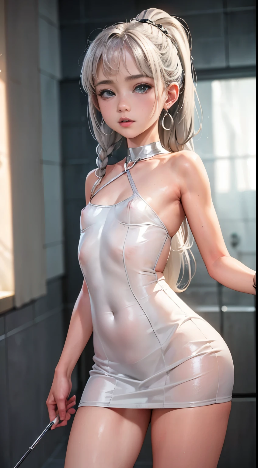 nsfw, Best Quality, Realistic, (gray hair, medium hair:1.2), (arranged hair:1.4), with fair skin and seductive blue-eyes, damp skin, detailed face, huge eyes, detailed eyes, (very small Head and face, huge eyes, dropy eyes:1.4), Double eyelid, Glossy eyes, black and White theme, (Wearing Monotone thin fabric and small amount of Glossy rubber and latex with tight shorts:1.2), (low rise shorts:1.4), (Heart-shaped cut-outs:1.2), Adopt a curvaceous posture, damp skin, daily、at a concrete floor, happy, Smiling, (With a high ponytail and large breasts, Wet udder, wet breasts, large soft breasts:1.2), Ingrained skin, ingrown breast, (crushed breast:1.2), beautiful puffy nipples, bold exposure, wet skin, damp skin, (abs:1.2), (low rise:1.4), (medium buttocks), sitting and random gravure pose, random angle, Adopt a curvaceous posture, (fog and mist Blurred background, Perfect and beautiful concrete background), (Inorganic and nostalgic white lighting),
