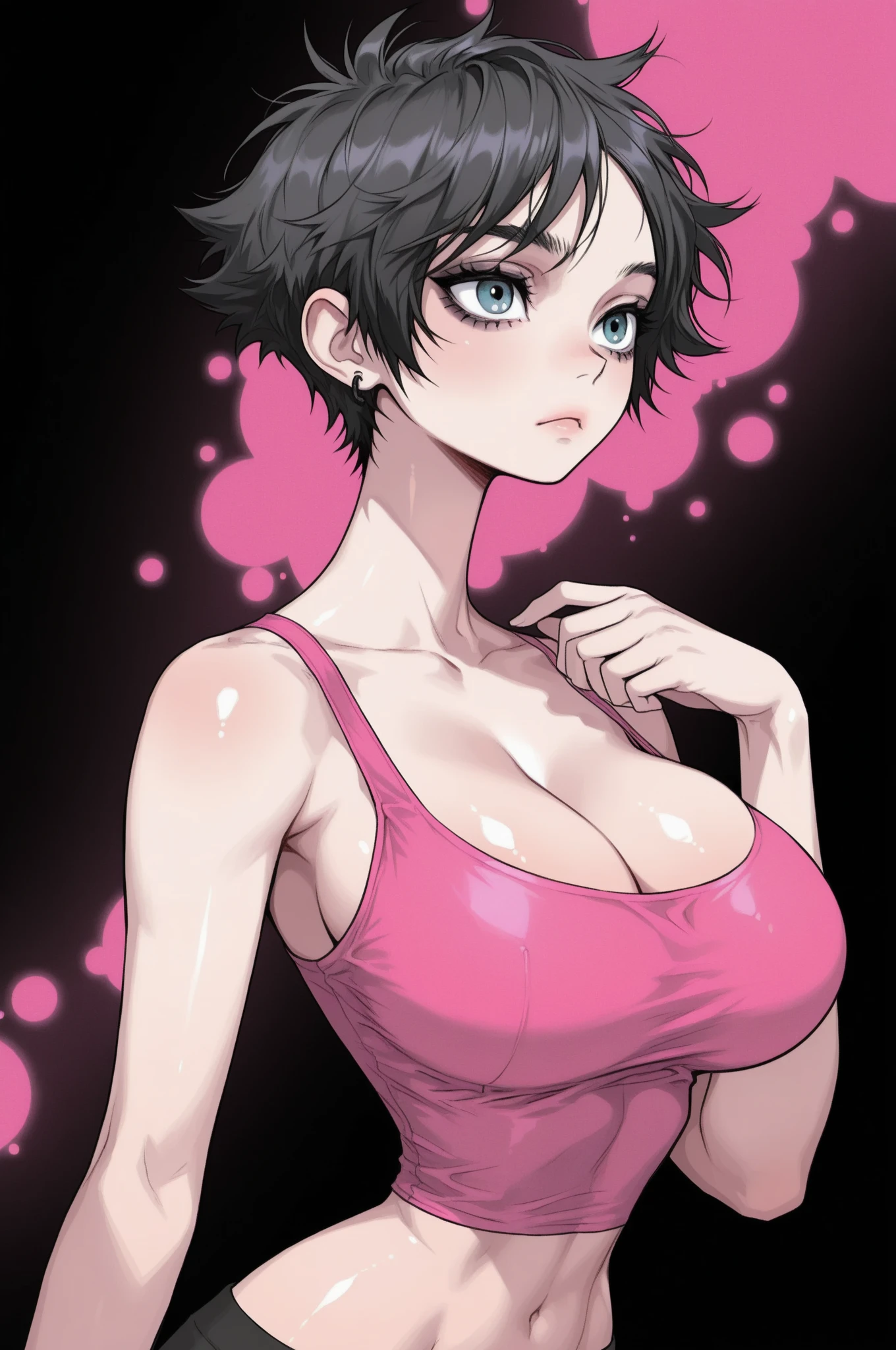 1 girl, milf, purple eyes,tomboy Pixie haircut, spiked hair, spiked hair, very Short hair, wolfcut hair lipstick, cowboy shot, smile, black hair, female , ear piercings, tank top, micro shorts, huge breast, street background