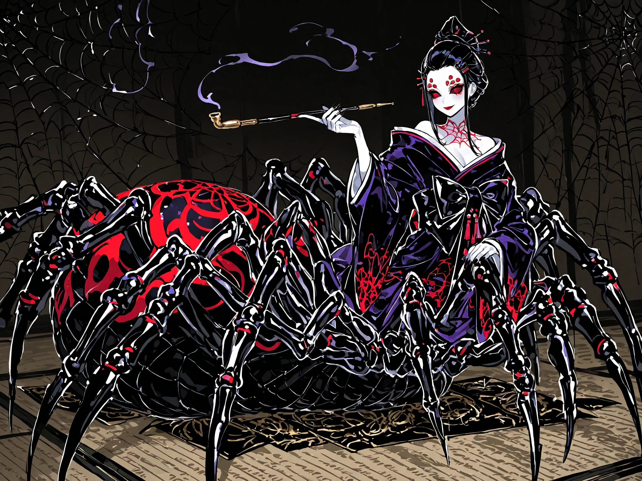Japanese woman, a drider, spider hybrid. (((Arachne,Taur,Spider Body.))Her lower body is black widow spider:spider body, eight segmented articulated spider legs covered with red markings.) She has a white skin. She has red lipstick. she smiles slyly. She has jet black narrow eyes. she has red manicure and pedicure. She is half-naked wearing a black and purple kimono,embroidered with golden spiders and a black spider web. Her robe has a big black bow on the back. She has jet-black hair pulled back in a traditional Japanese geisha hairstyle and decorated with sharp gold hairpins. She has an Oriental smoking pipe in her hands. In the background:an ornate traditionally decorated Japanese hall, tatami mats on the floor,in room placed a Japanese paper screens with drawing of red and white spider lilies.