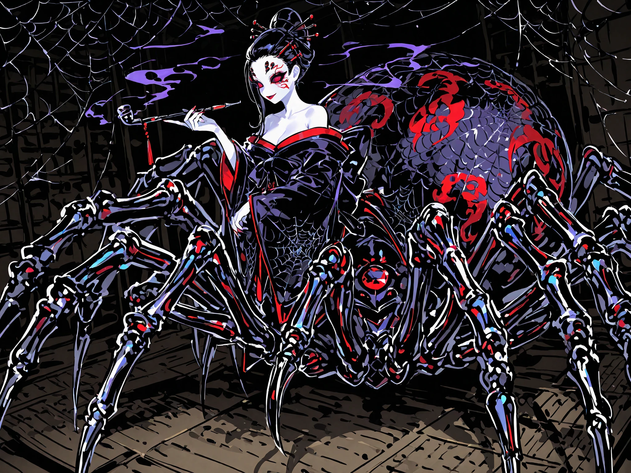 Japanese woman, a drider, spider hybrid. (((Arachne,Taur,Spider Body.))Her lower body is black widow spider:spider body, eight segmented articulated spider legs covered with red markings.) She has a white skin. She has red lipstick. she smiles slyly. She has jet black narrow eyes. she has red manicure and pedicure. She is half-naked wearing a black and purple kimono,embroidered with golden spiders and a black spider web. Her robe has a big black bow on the back. She has jet-black hair pulled back in a traditional Japanese geisha hairstyle and decorated with sharp gold hairpins. She has an Oriental smoking pipe in her hands. In the background:an ornate traditionally decorated Japanese hall, tatami mats on the floor,in room placed a Japanese paper screens with drawing of red and white spider lilies.