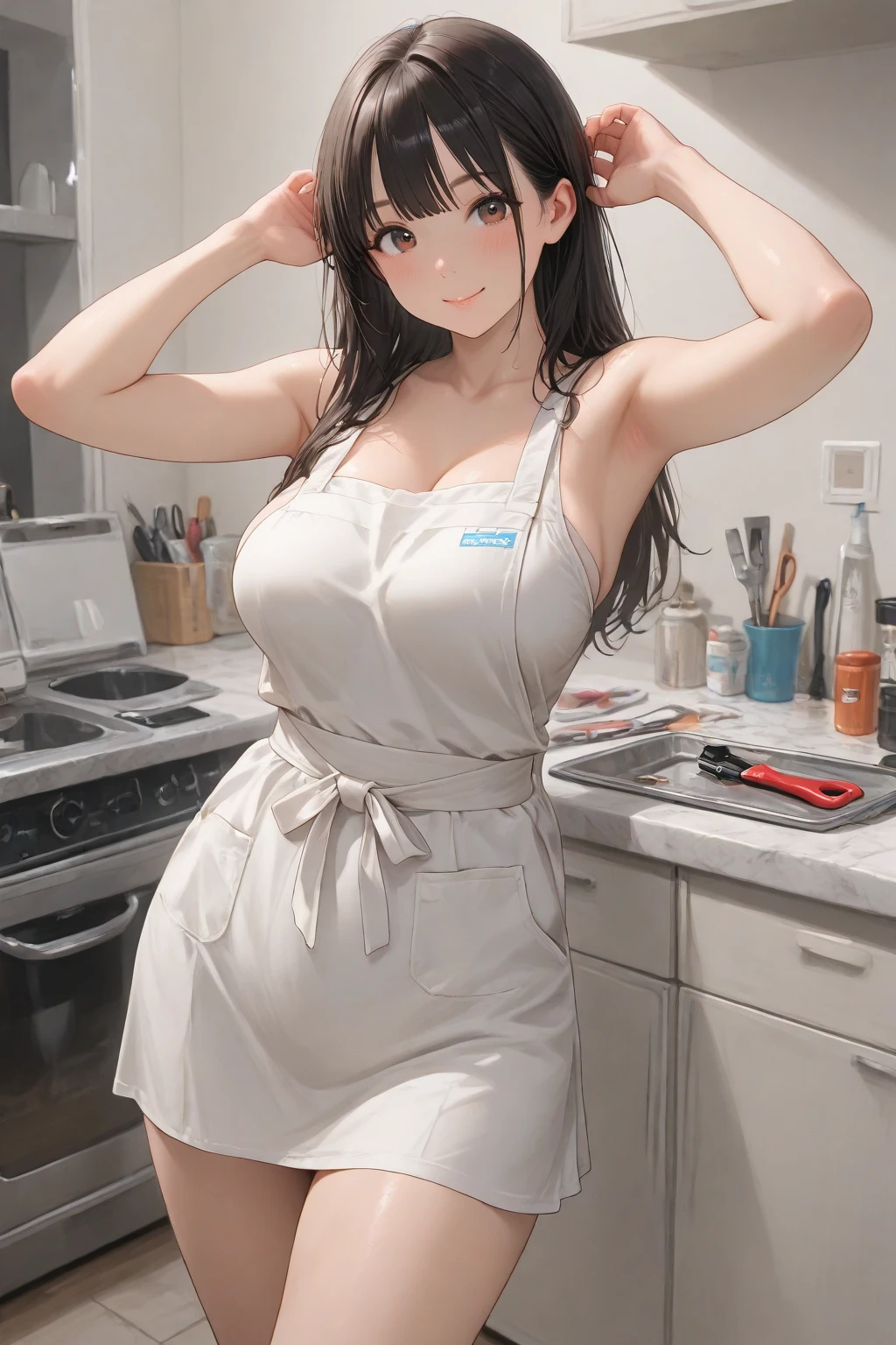 ((long hair,big breasts)), brown eyes, sexy body, Beautiful youth, Shoulder-length hair, Woman Wearing a Naked Apron, light brown hair, brown Eyes,fair skin, Front view, Composition from the waist up, Nice, good looking,high quality, erotic, Pixiv illustration,chubby girl,bitch,horny,wet,Seductive, manipulative.)),big ass, Wear one wet apron