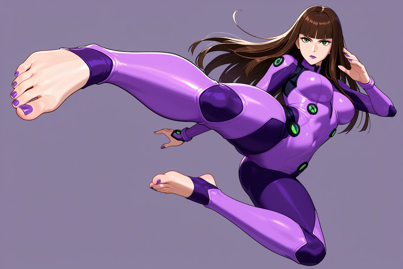 One girl, alone,Are standing_Split,whole body,photograph, photographrealistic, (masterpiece, Highest quality:1.2), Beautiful woman in shiny patent leather bodysuit, Shiny color ink bodysuit, expensive_Big Breasts
