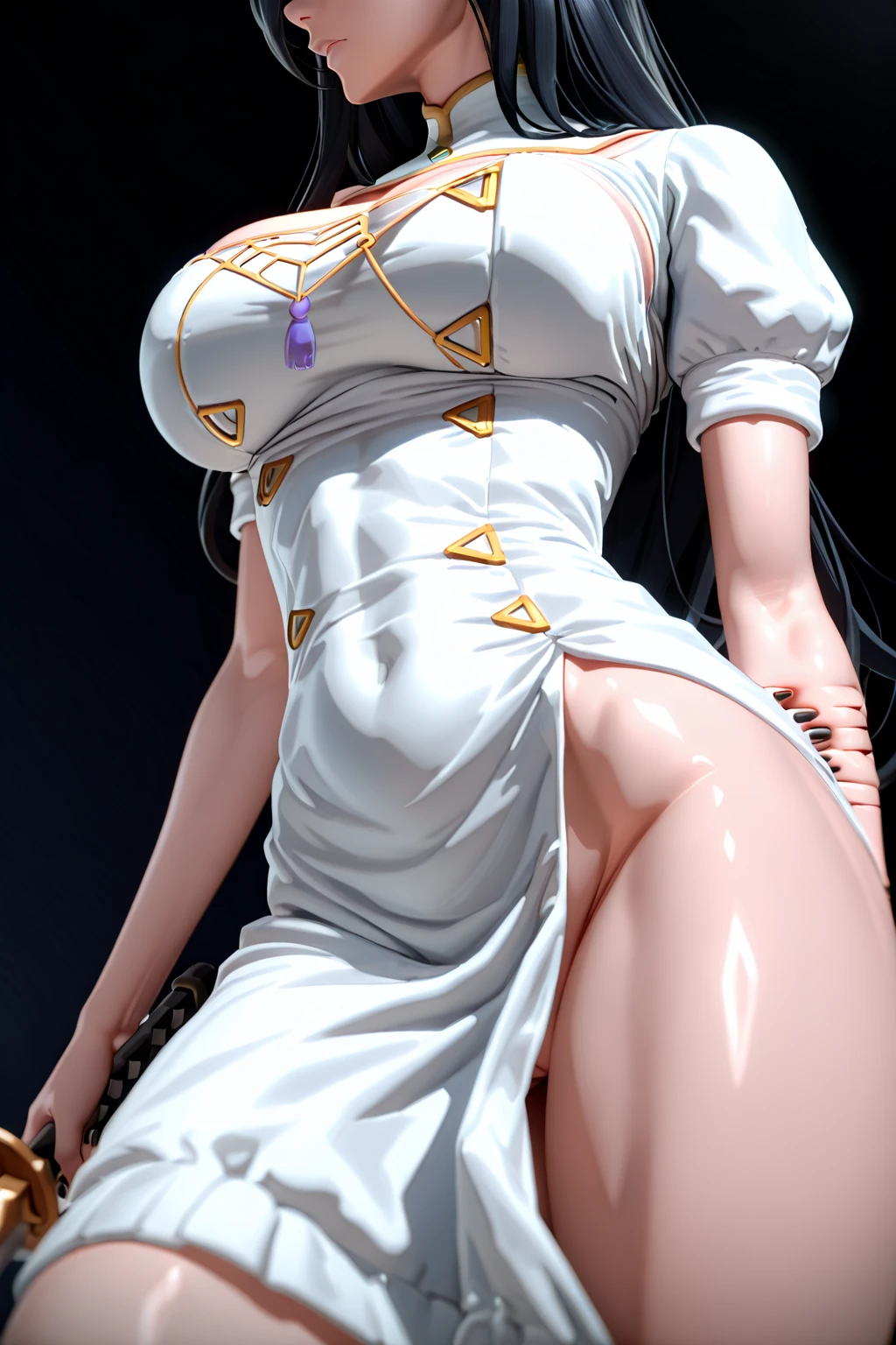 Female, standing, straight, 1girl, elf, green wavy hair, from above, medium breasts, suspended by arms, head down, POV, from the side, (dirty, bruise:1.2), cave floor, tiedup, rope, (Masterpiece), full body of a female, big breast, detailed face, full portrait, standing straight, shackles on arms and legs, black chocker on neck, SFW, WHITE TOGA, golden chains hands, golden chains legs, lascivous face, embarrassed, red cheeks, braid black hair, looking at viewer, handcuffs on their hands, with a collar around the neck, slave, ((black choker, shackles on legs and arms)) ((hands hidding behind body))