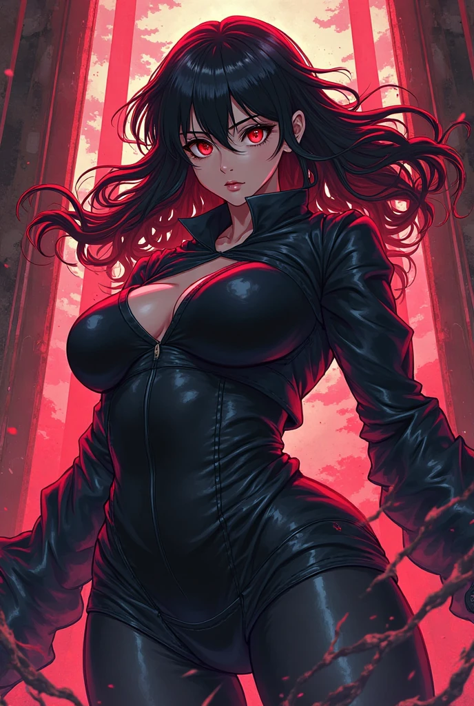 1girl, cyberpunk, dramatic shadows, neon lighting, glowing red eyes, evil smile, toned, long wavy hair, large breasts, cropped jacket, tube top, shorts, harness, mechanical arms, cyborg, upper body, close-up, 8k, dynamic angle, very aesthetic, best quality,