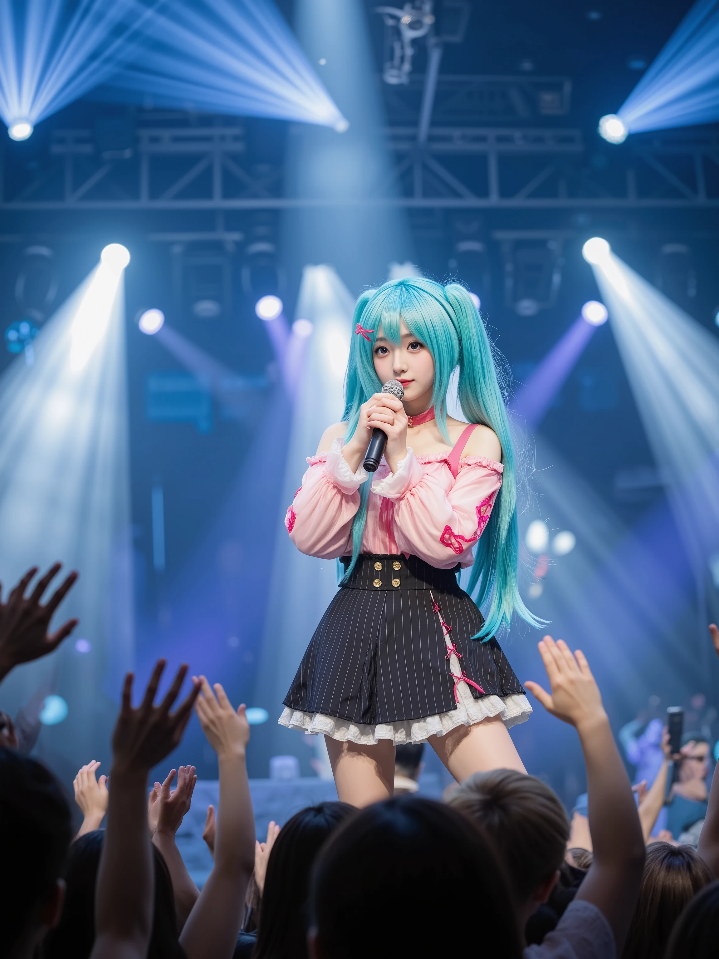 Hatsune Miku is singing on stage, Strong expression, dynamic performance, glamorous concert atmosphere, audience waves enthusiastically, Beautiful Lighting Effects, Perfect Reality, with high quality 4K resolution, Precise like a photo shoot, professional-level realistic illustrations,