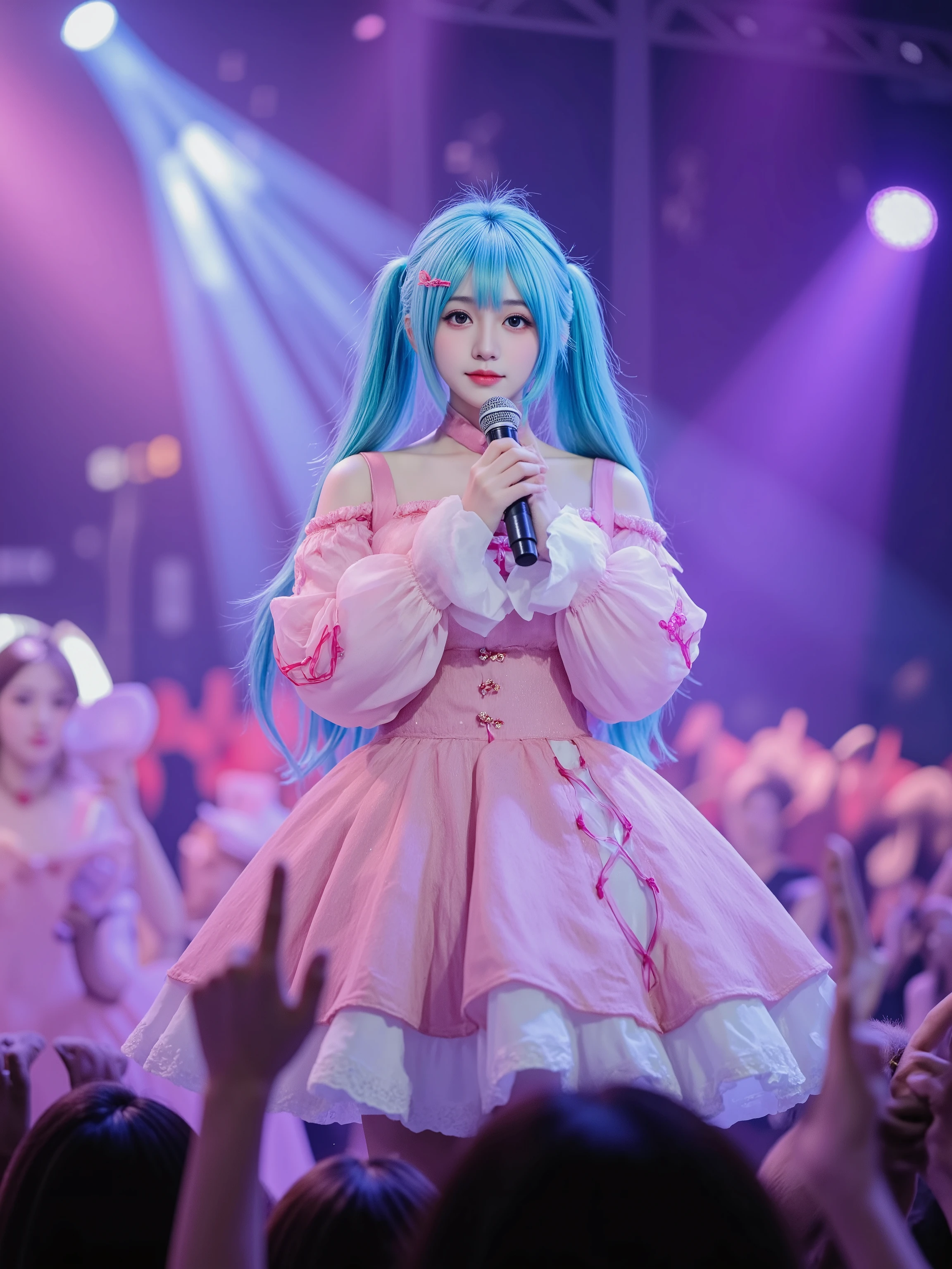 with high quality 4K resolution, Precise like a photo shoot, professional-level realistic illustrations, Hatsune Miku is singing on stage, Strong expression, dynamic performance, glamorous concert atmosphere, audience waves enthusiastically, Beautiful Lighting Effects, Perfect Reality