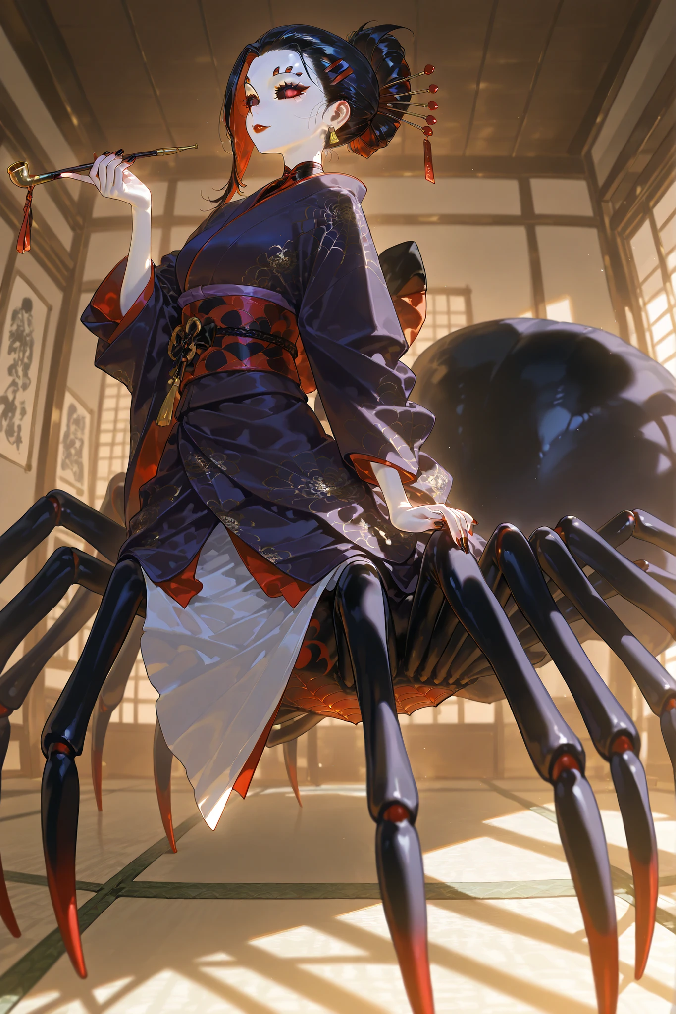 Japanese woman, a drider, spider hybrid. (((Arachne,Taur,Spider Body.))Her lower body is black widow spider:spider body, eight segmented articulated spider legs covered with red markings.) She has a white skin. She has red lipstick. she smiles slyly. She has jet black narrow eyes. she has red manicure and pedicure. She is half-naked wearing a black and purple kimono,embroidered with golden spiders and a black spider web. Her robe has a big black bow on the back. She has jet-black hair pulled back in a traditional Japanese geisha hairstyle and decorated with sharp gold hairpins. She has an Oriental smoking pipe in her hands. In the background:an ornate traditionally decorated Japanese hall, tatami mats on the floor,in room placed a Japanese paper screens with drawing of red and white spider lilies.