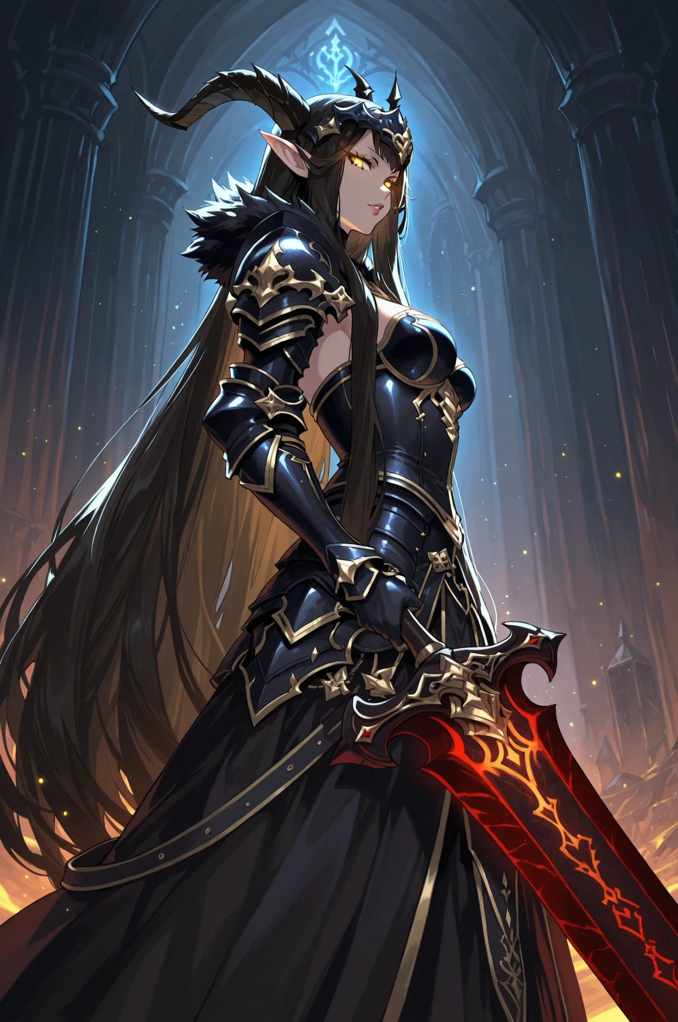 lazypos, 1girl, solo, looking at viewer, wideshot, from the side, standing, detailed eyes, looking at viewer, shadow, ligh particles, full lips, thick lips, Inspiring,
Semiramis, very long hair, black hair, yellow eyes, pointy ears, glowing eyes, medium breasts, Dark Knight FFXIV, greek garden background, Dark Knight armor FFXIV, Dark knight in heavy gothic armor, jagged black steel plates with crimson accents, helmet with dragon horns, carrying a colossal cursed sword, glowing runes across the armor, fantasy concept art, highly detailed, dramatic lighting, atmospheric background, Final Fantasy inspired,