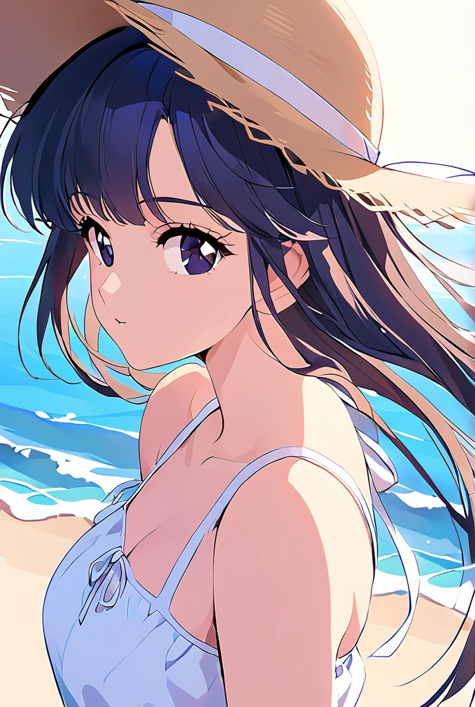 One girl, long tied brunette hair, smile, blue eyes, Wink, View your viewers, Wearing a bikini, flower straw hat, (Beach), (sunset), evening, masterpiece, 8K, Perfect lighting, The perfect outfit, Perfect , Perfect Eyes, Perfect Face, Sharp resolution, (Face close-up)