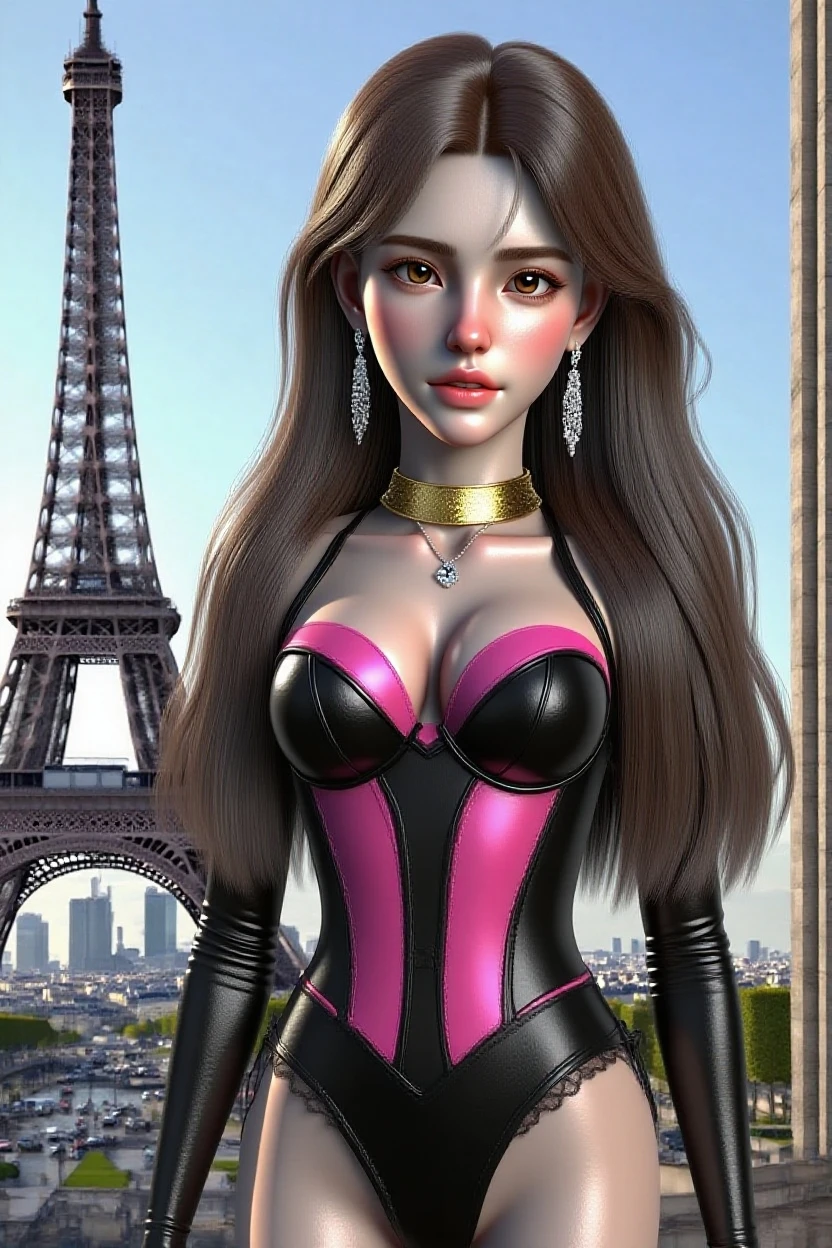 (((cowboy shot:1.5)))photo of a 30 years old (0d4ddysg1rls2),(facing side leaning forward head turned Looking at viewer over shoulder,small waist, medium hips, (big natural breast:1.5) sideboob),(((background a Paris cafe at night, well-lit Eiffel tower in background Arc de Triomphe spring flowers blooming))), ,wide depth of field,( very long (blonde with purple streak hair):1.5) hair, (realistic:1.5), glossy lips, soft skin, elegant makeup,(torogao expression), wearing <lora:Outfit_LeatherZipBodycon:0.69> (shiny pink and black),dr3ss, dress, full collar, (center opening:1.2), unzipped, large breasts, breasts apart, (sleeveless), pencil skirt, ornate, lavish, sumptuous, complicated