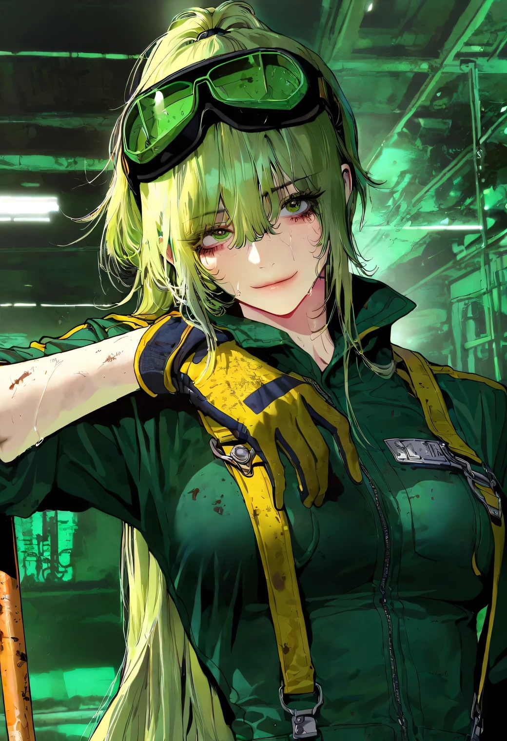 (mazjojo:0.67), (pigeon666:0.83), (zawar379:0.73), fujii eishun, masterpiece, best quality, manwha, 1girl, green hair, long ponytail, green eyes, focused, engineer, green uniform, blue dungaree, dirty, dark yellow gloves, medium breasts, laboratory background, medium breasts, arm on neck, focused, expressionless, ski goggles on forehead, light sweat, light smile