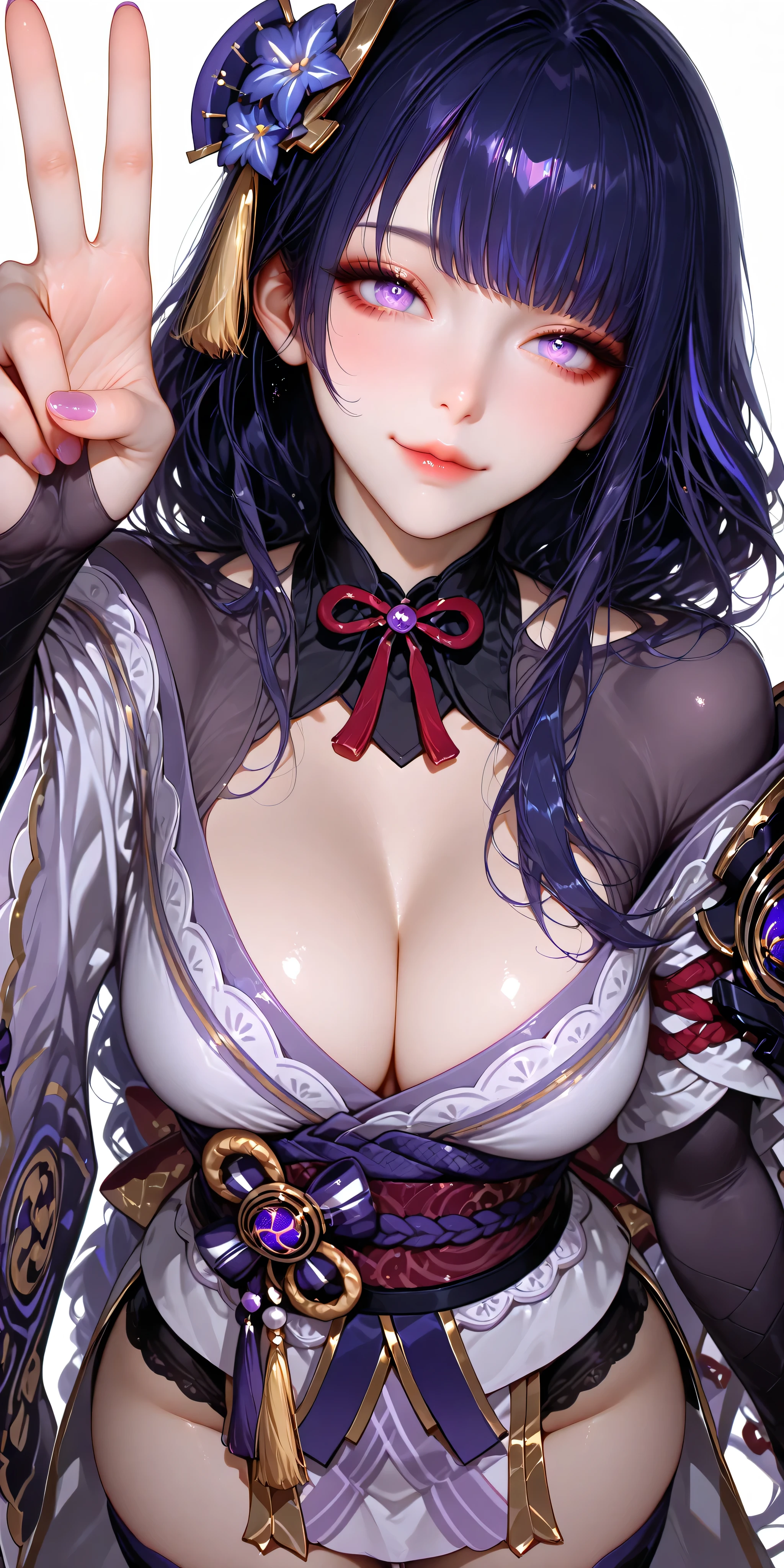 Raiden Shogun, genshin impact, absurdres, highres, ultra detailed, ultra-detailed background, detailed background, extremly detailed, 1girl,bunch of flowers, (zentangle:1.2), (geometric:1.2), black and white color palette, monochromatic, big breasts, cleavage, sideboob, lingerie, realistic depiction, portrait, close up, straight on,