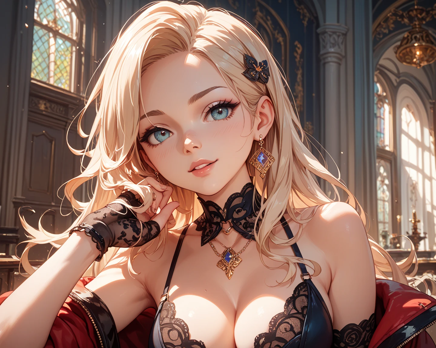 close-up of a beautiful female face, gorgeous eyes, intricate, cleavage, soft lips, smiling, naughty, seductive glance