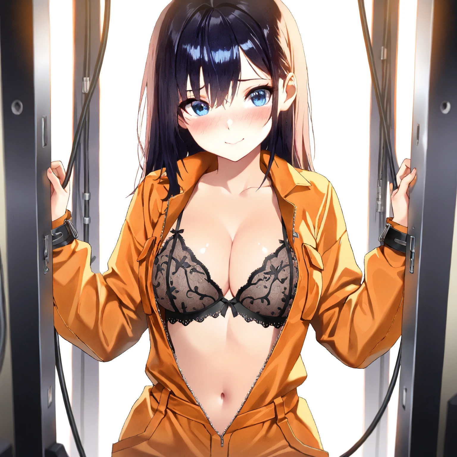 Realistic, Wide Angle,1girl in, Long hair, Shy, embarrassed, blushed, Wide Angle, POV, From above, Standing, Shackles were placed around the neck, the neck is chained to the wall, (Bra, pantiy), llight rays, Glow, (masutepiece), In a well-lit room、Modern room、inside in room、(((Modern room)))
