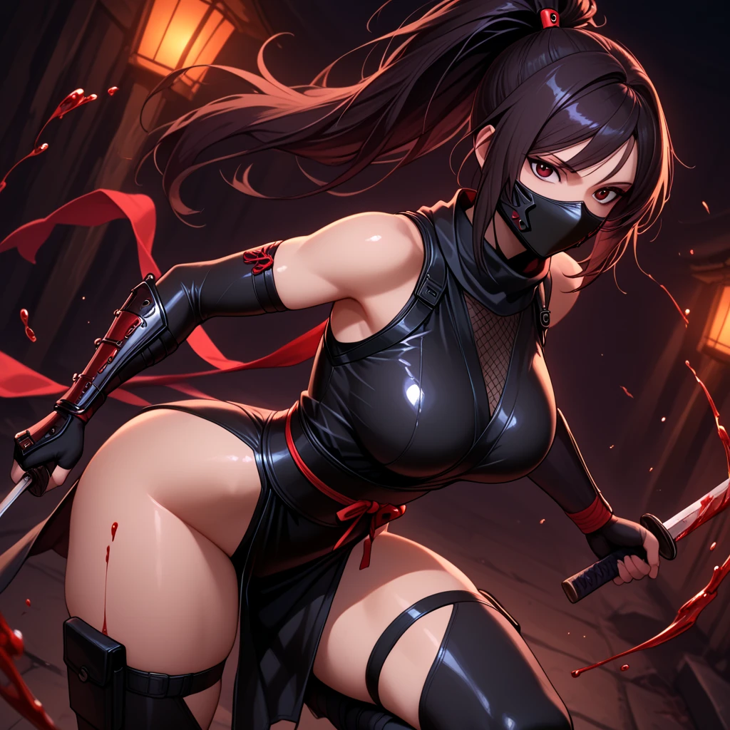 Ninja, ponytail, black mask, big breasts, torn clothes, no panties, no bra, angry, rope, covering breasts, covering crotch, sword, fighting