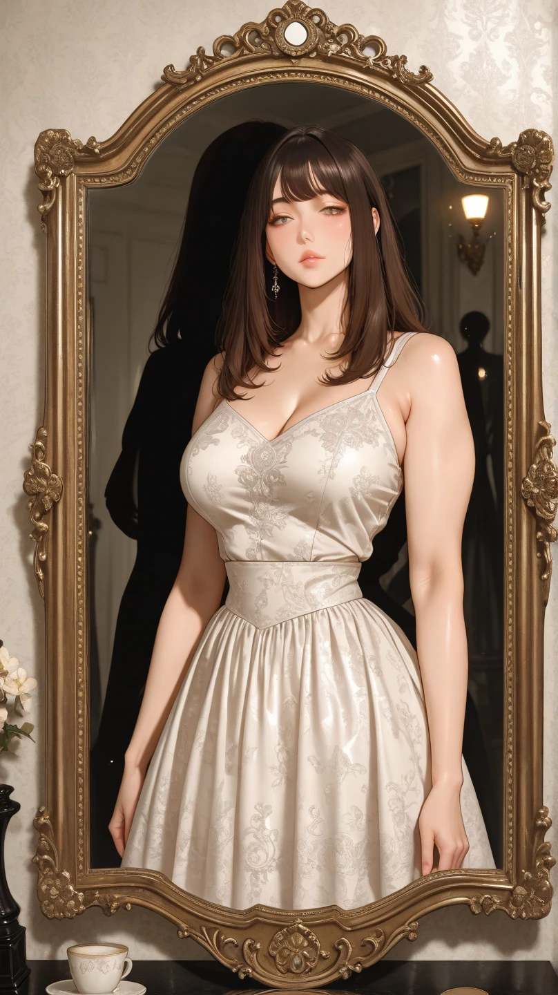 Tabletop、highest quality、shape、Very detailed、finely、High resolution、8k wallpaper、完璧なダイナミックな構shape、Big and beautiful eyes、(Off-the-shoulder dress:1.8)、Beautiful, large, firm breasts that don't sag、bare clavicle、Naked shoulders、Deep cleavage、(The bust is completely invisible:1.8)、Medium Hair、Light brown hair、Natural color lip、Random sexy poses、A subtle smile with closed mouth、Seaside Background、One girl