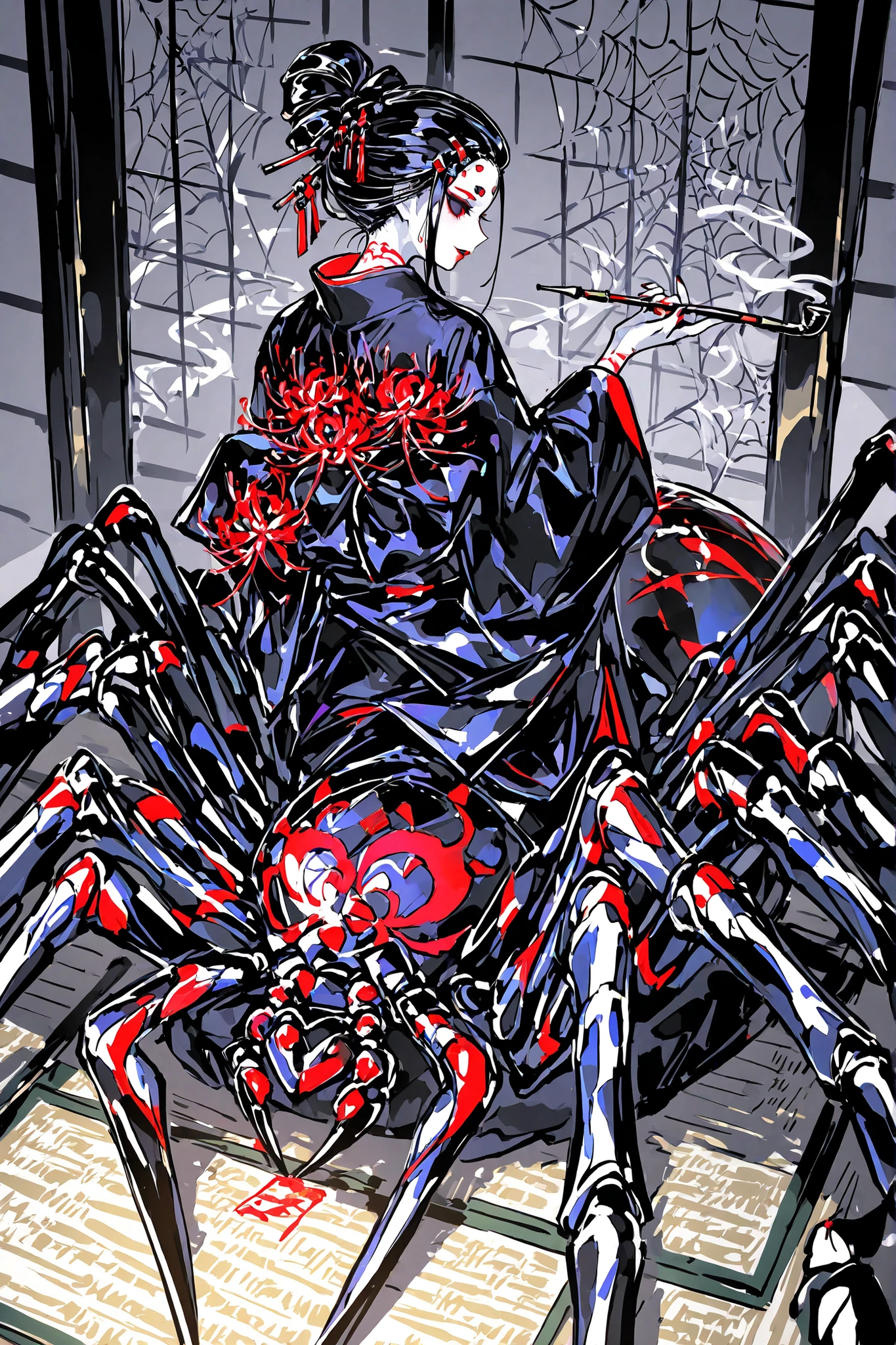 Japanese woman, a drider, spider hybrid. (((Arachne,Taur,Spider Body.))Her lower body is black widow spider:spider body, eight segmented articulated spider legs covered with red markings.) She has a white skin. She has red lipstick. she smiles slyly. She has jet black narrow eyes. she has red manicure and pedicure. She is half-naked wearing a black and purple kimono,embroidered with golden spiders and a black spider web. Her robe has a big black bow on the back. She has jet-black hair pulled back in a traditional Japanese geisha hairstyle and decorated with sharp gold hairpins. She has an Oriental smoking pipe in her hands. In the background:an ornate traditionally decorated Japanese hall, tatami mats on the floor,in room placed a Japanese paper screens with drawing of red and white spider lilies.