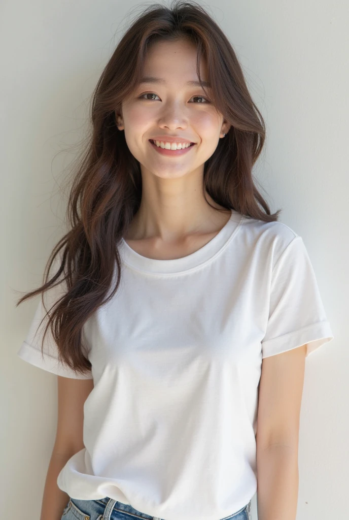 軽めのLayer Styles、human、Transparent woman、young、White T-shirt、Reduces neck volume、Fair-skinned pretty woman、No blunt ends、Layer Styles、Gourd Shape、Body is at an angle、looking at the camera、Chest-length hair that makes you tilt your head、Brown color、Outline of an inverted triangle、Big eyes、Smile a little