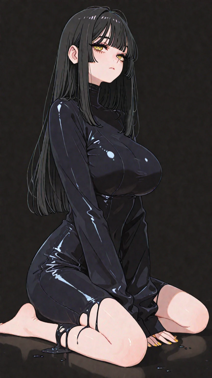8k, highres, ultra detailed, (masterpiece:1.4), best quality, symmetrical body, adult woman, (fancy and sexy short latex dress:1.4), choker, cute, solo, earrings, long hair, dark purple hair, brown eyes, glow effect, finely eye detailed face, looking at viewer, teasing viewer, in the bedroom, angled view, big breasts, teasing smile, seductive look