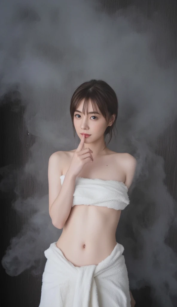 (8k、RAW Photos、Highest quality、masterpiece:1.2)、((naked、indirect lighting、Night view、Flat Chest、Are thin、pubic hair:1.3))、(Realistic、Realistic)、1 girl、((View from the front、smile、Bathtub、sit、relaxing after a hot bath、ear、Hair tied up、Gaze Here))