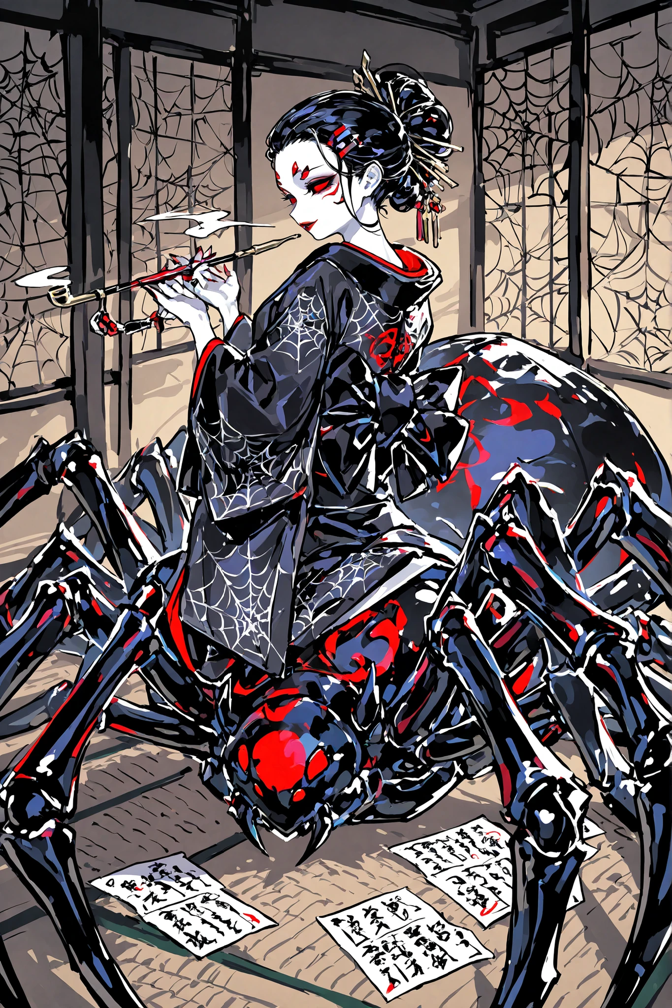 Japanese woman, a drider, spider hybrid. (((Arachne,Taur,Spider Body.))Her lower body is black widow spider:spider body, eight segmented articulated spider legs covered with red markings.) She has a white skin. She has red lipstick. she smiles slyly. She has jet black narrow eyes. she has red manicure and pedicure. She is half-naked wearing a black and purple kimono,embroidered with golden spiders and a black spider web. Her robe has a big black bow on the back. She has jet-black hair pulled back in a traditional Japanese geisha hairstyle and decorated with sharp gold hairpins. She has an Oriental smoking pipe in her hands. In the background:an ornate traditionally decorated Japanese hall, tatami mats on the floor,in room placed a Japanese paper screens with drawing of red and white spider lilies.