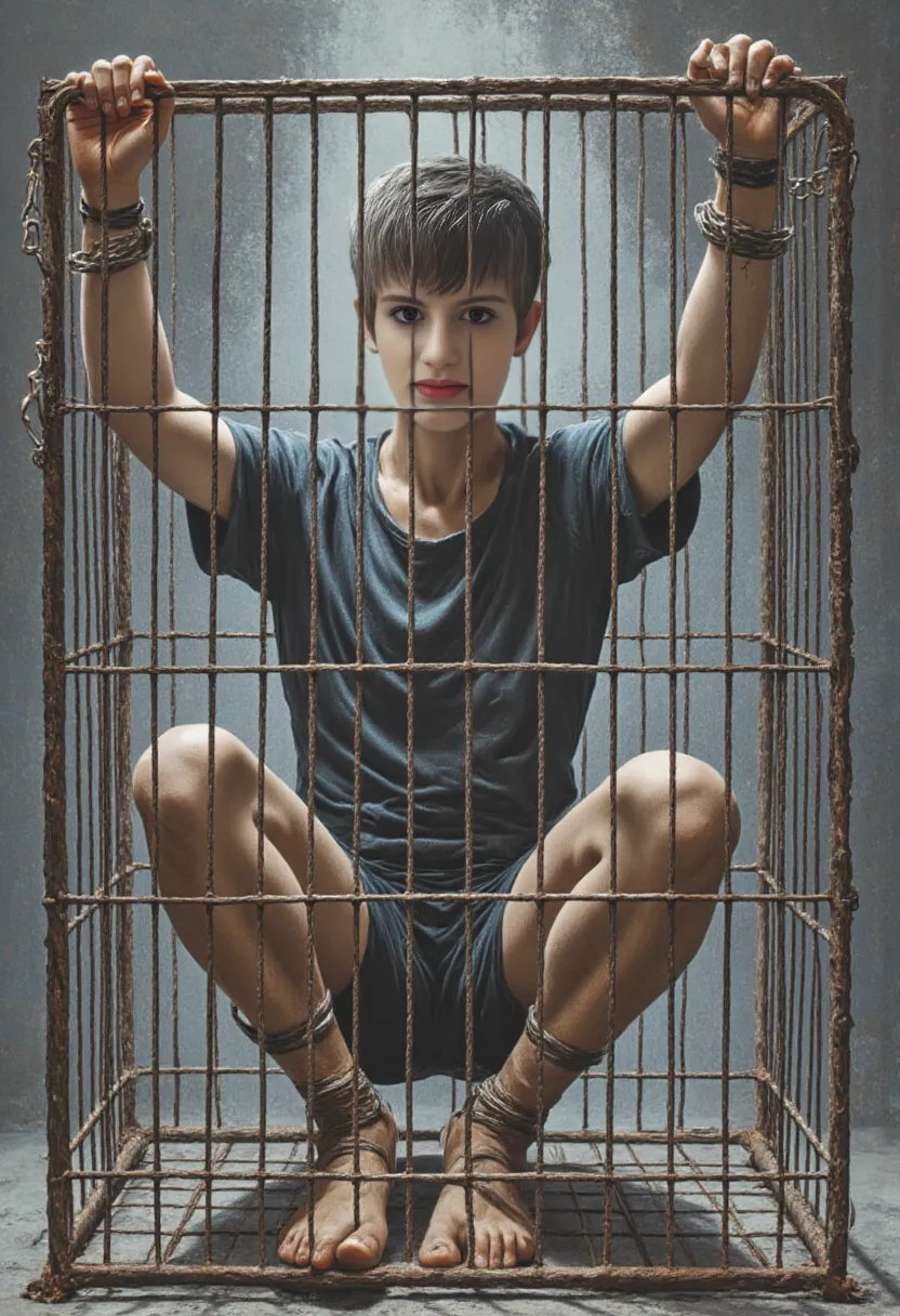 A boy is tied to a chair with thick rope and legs with thick chains. The back background is white. The size of the image will be YouTube thumbnail