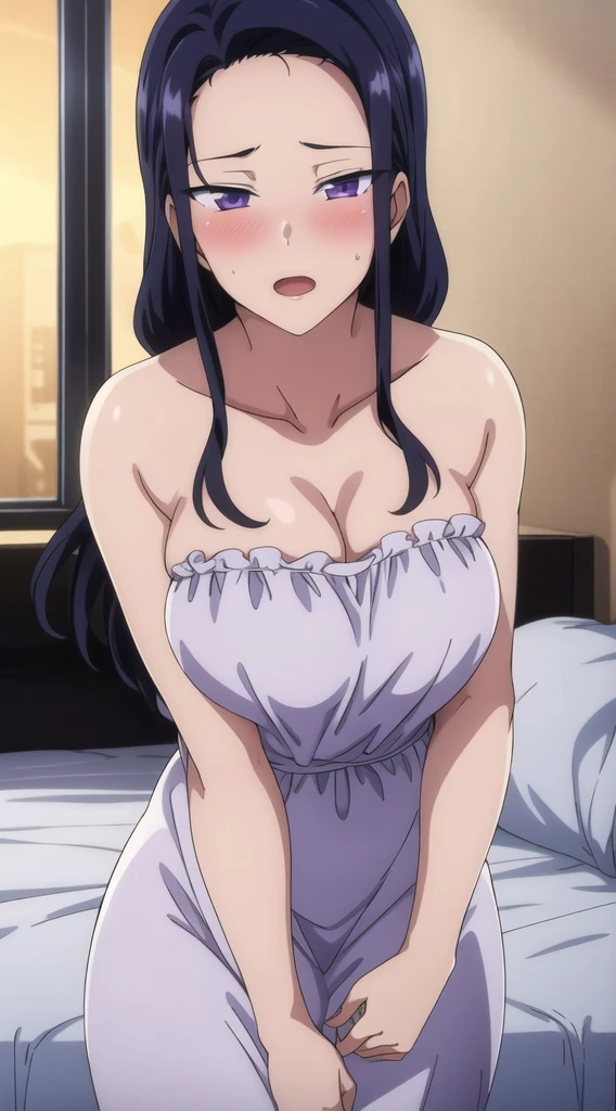 best quality,masterpiece,highres,absurdres,newest,rating: general, (hinata, 1girl, hyuuga hinata, purple eyes,white eyes, blunt bangs),fishnet pantyhose, sexy night gown lingerie, blushing , light smile, ,cowboy shot, bedroom,on bed?,(night,night sky),from above,large breasts,cleavage,view at viewer